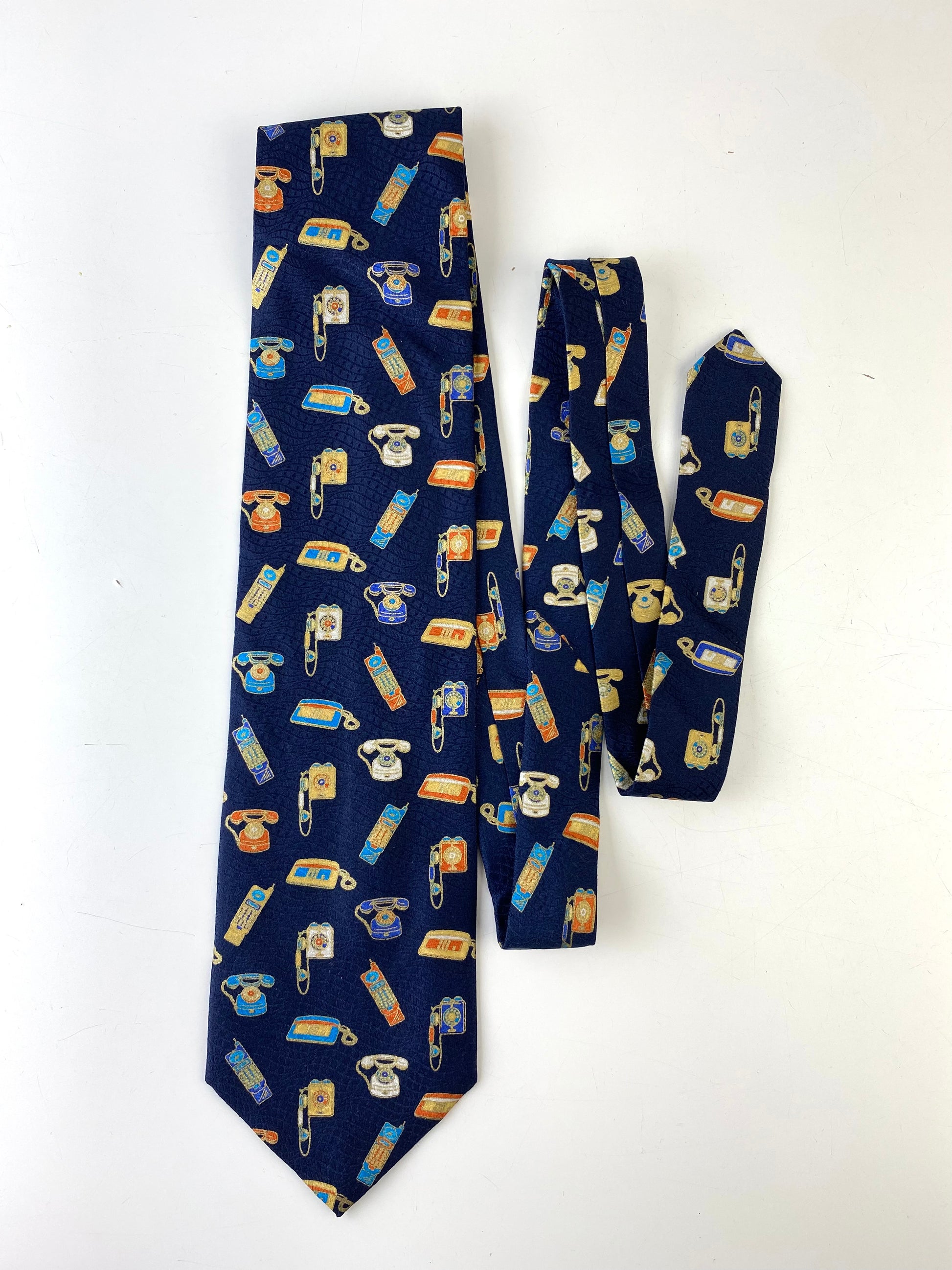 Front of: 90s Deadstock Silk Necktie, Men's Vintage Navy Metallic Novelty Telephone Print Tie, NOS