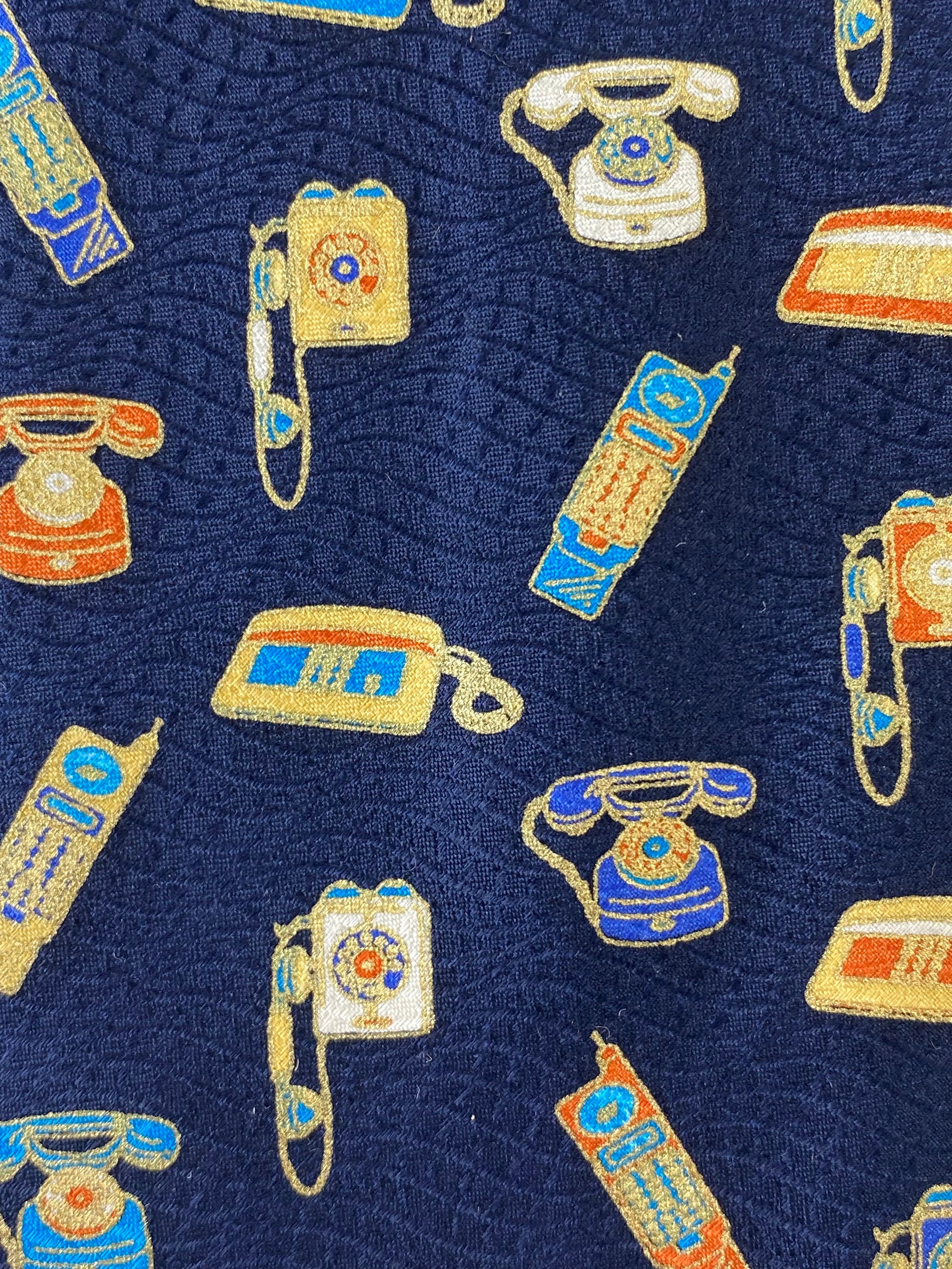 Close-up pattern detail of: 90s Deadstock Silk Necktie, Men's Vintage Navy Metallic Novelty Telephone Print Tie, NOS