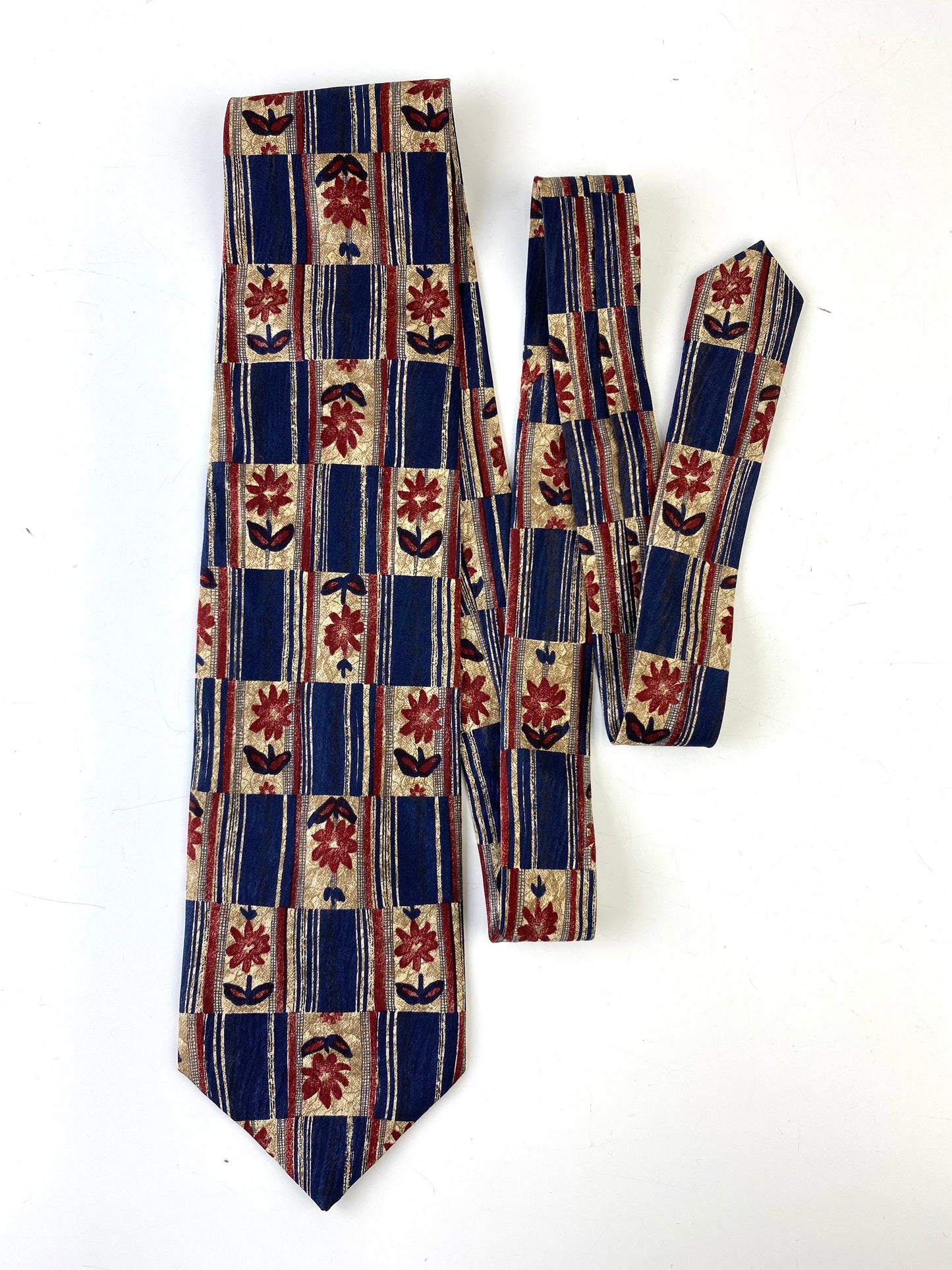 Front of: 90s Deadstock Silk Necktie, Men's Vintage Blue Red Floral Pattern Tie, NOS