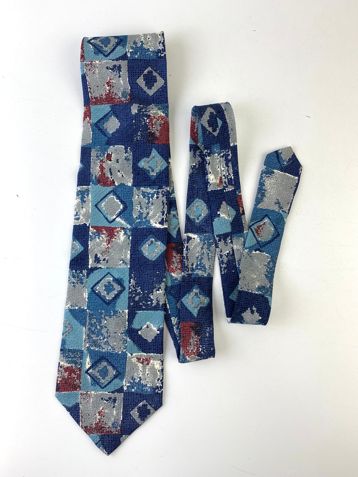 Front of: 90s Deadstock Silk Necktie, Men's Vintage Blue/Red Diamond Square Pattern Tie, NOS