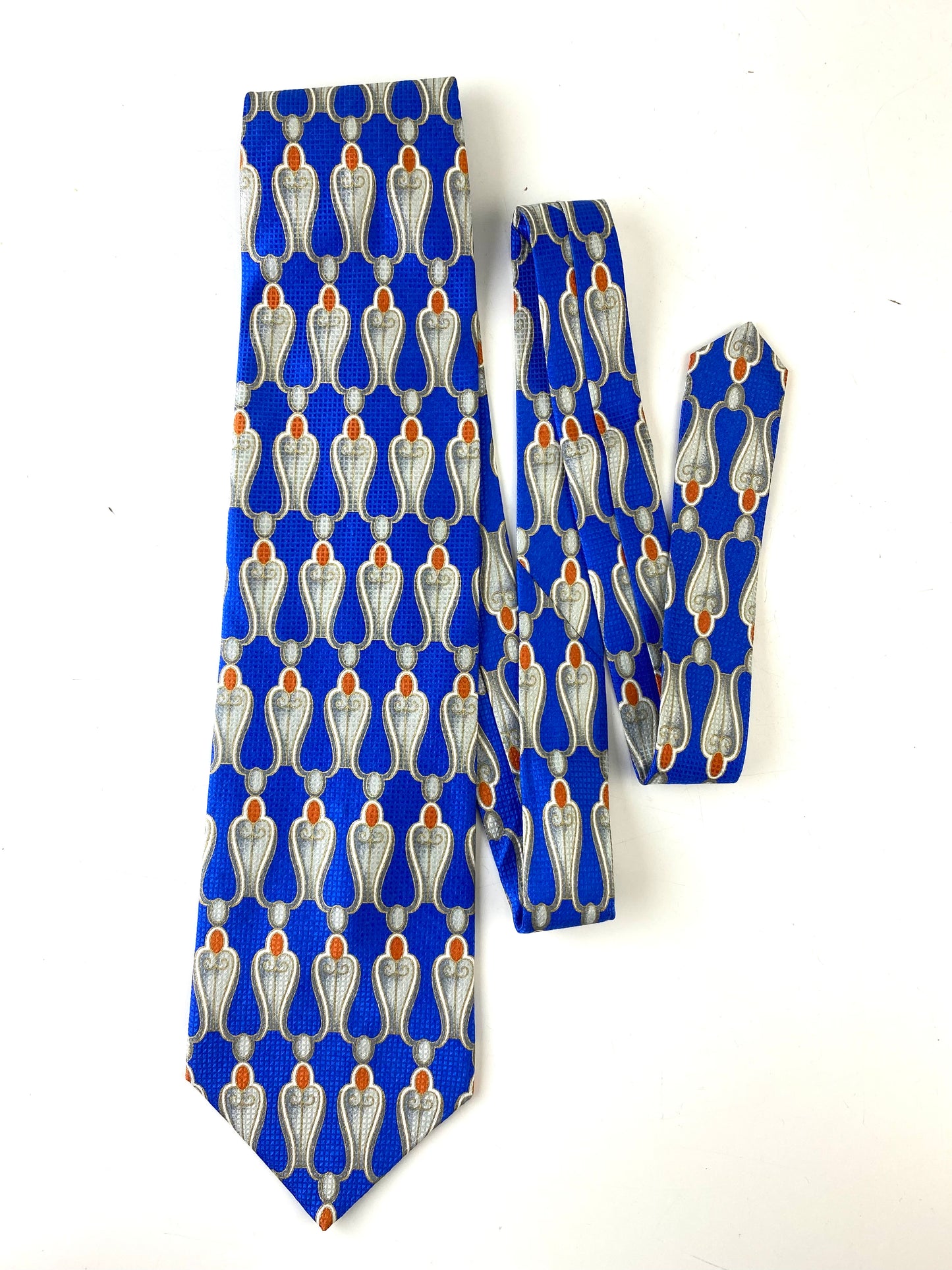 Front of: 90s Deadstock Silk Necktie, Men's Vintage Blue/Silver/Gold Pattern Tie, NOS