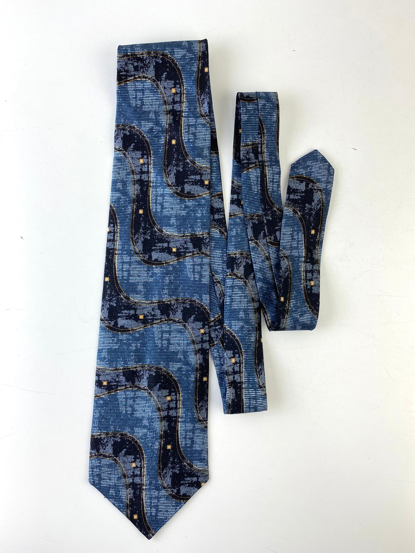 Front of: 90s Deadstock Silk Necktie, Men's Vintage Blue Purple Wave Pattern, NOS