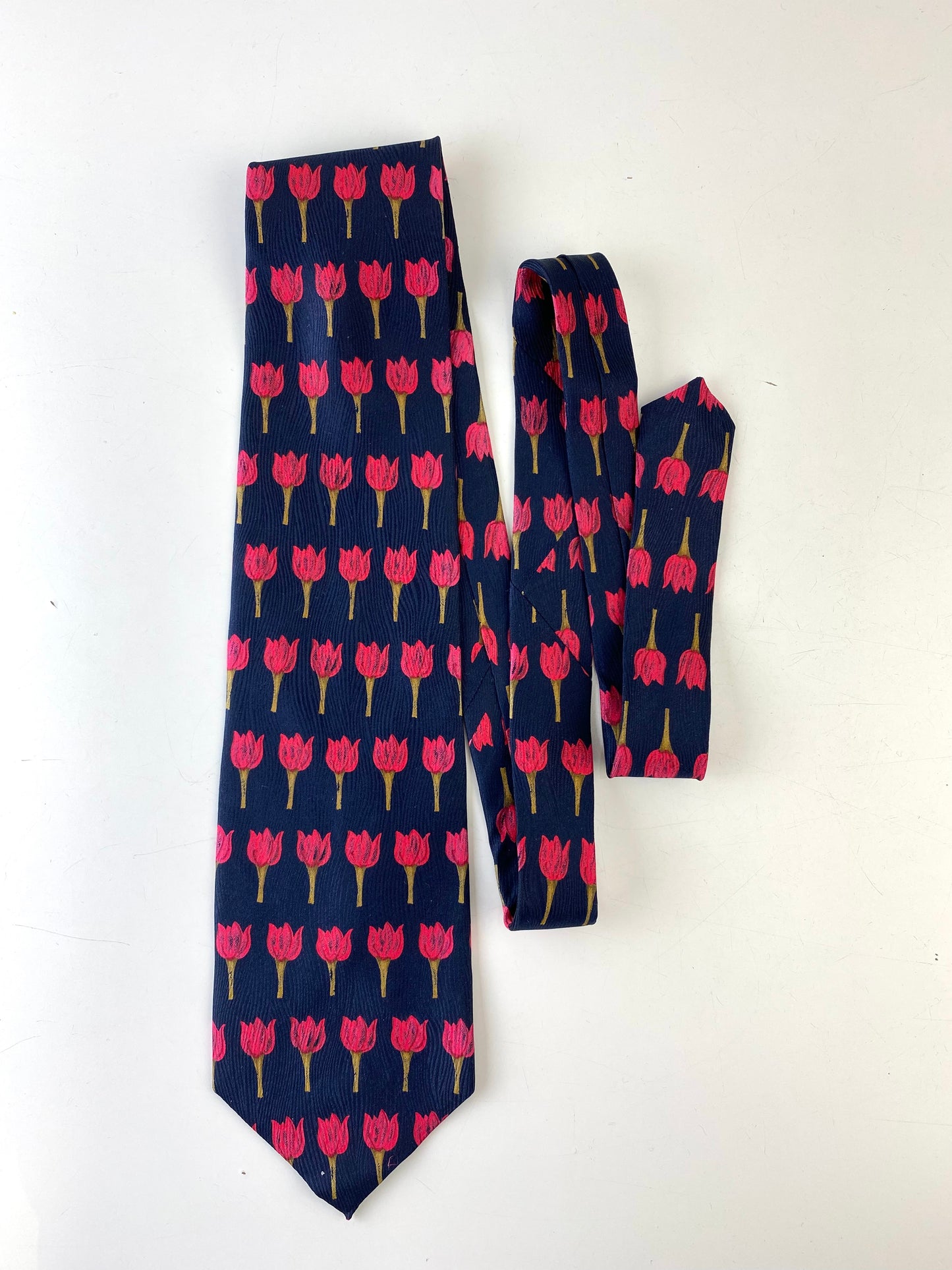 90s Deadstock Silk Necktie, Men's Vintage Navy Red Floral Tulip Pattern, NOS