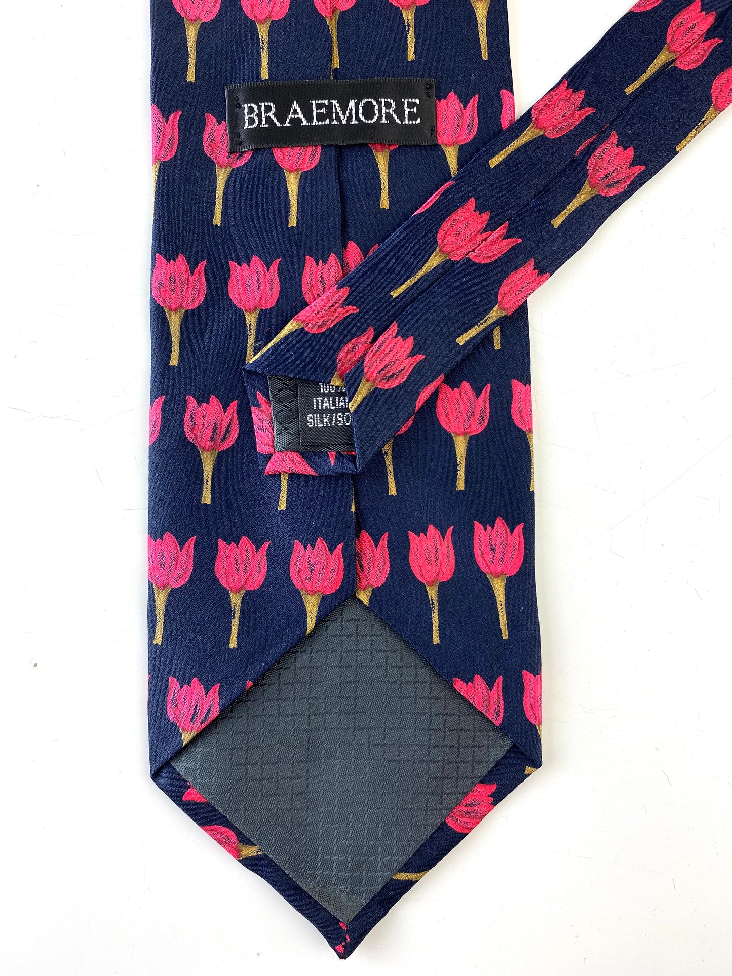 90s Deadstock Silk Necktie, Men's Vintage Navy Red Floral Tulip Pattern, NOS