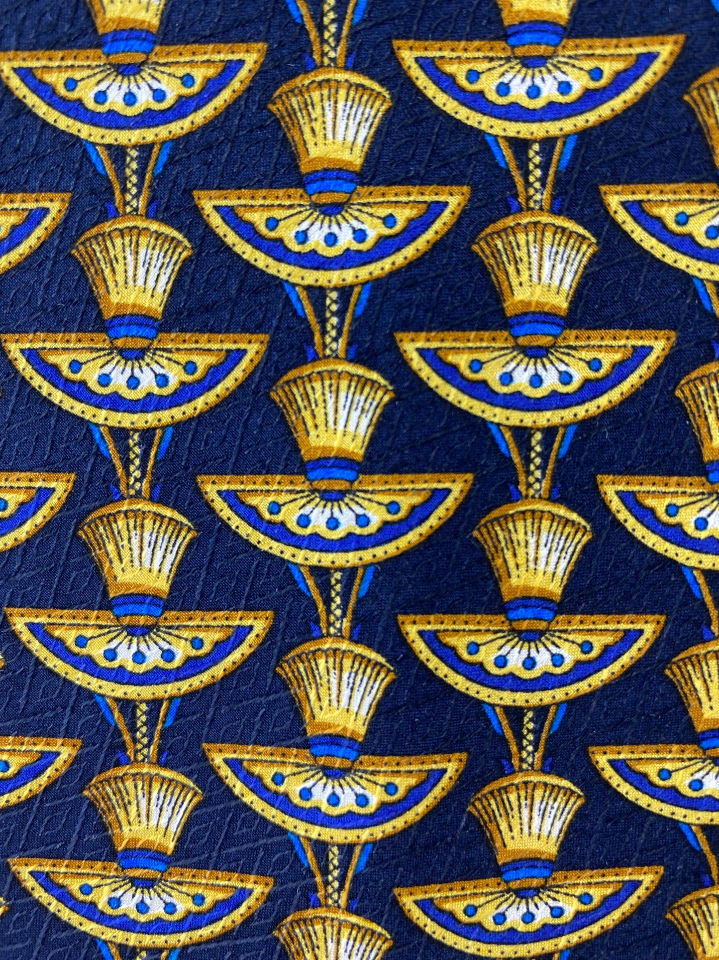 90s Deadstock Silk Necktie, Men's Vintage Blue Gold Art Deco Pattern, NOS