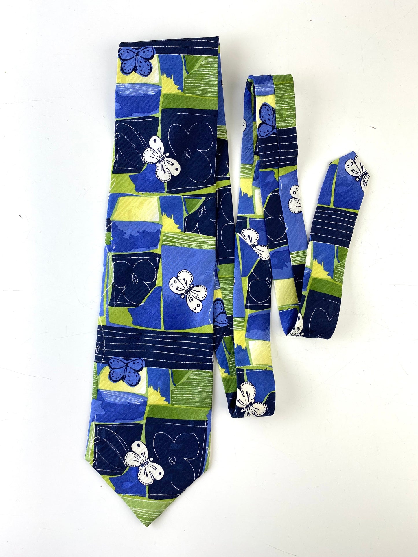 90s Deadstock Silk Necktie, Men's Vintage Blue Green Abstract Floral Butterfly Pattern, NOS