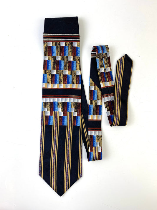 Front of: 90s Deadstock Silk Necktie, Men's Vintage Black/ Blue/ Gold/ Umber Geometric Pattern Tie, NOS