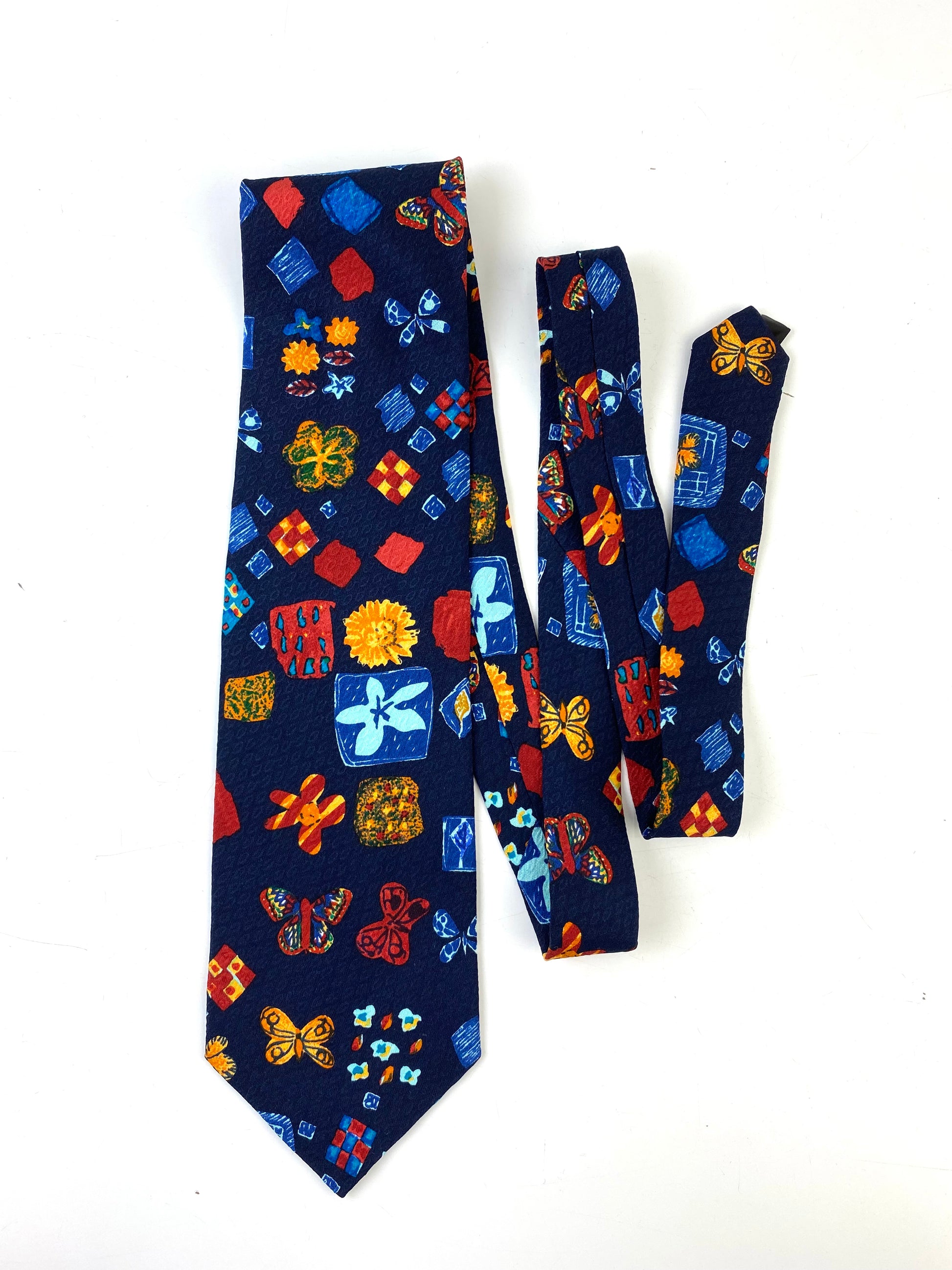 Front of: 90s Deadstock Silk Necktie, Men's Vintage Navy/ Red/ Orange Floral Butterfly Pattern, NOS