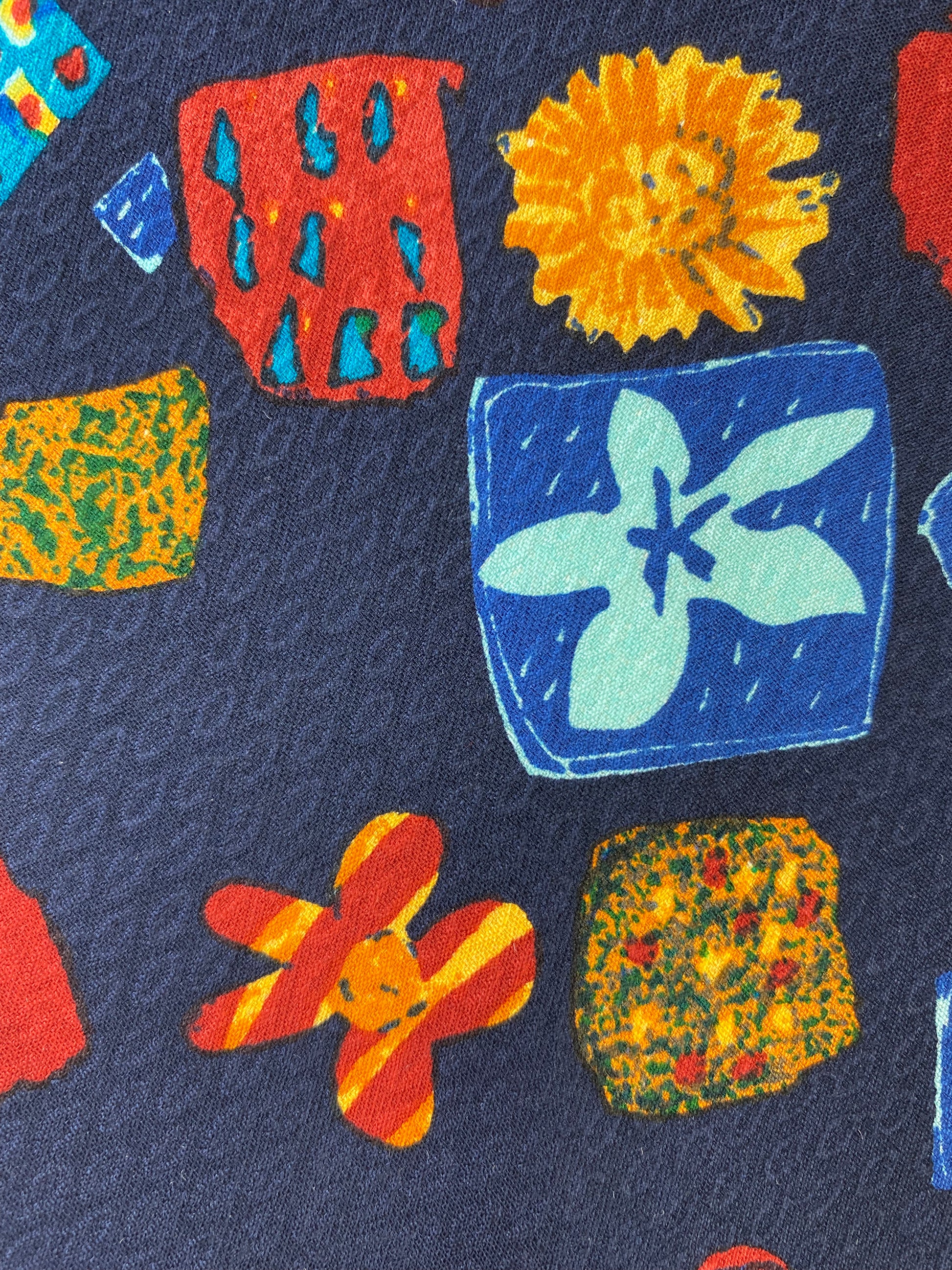 Close-up detail of: 90s Deadstock Silk Necktie, Men's Vintage Navy/ Red/ Orange Floral Butterfly Pattern, NOS