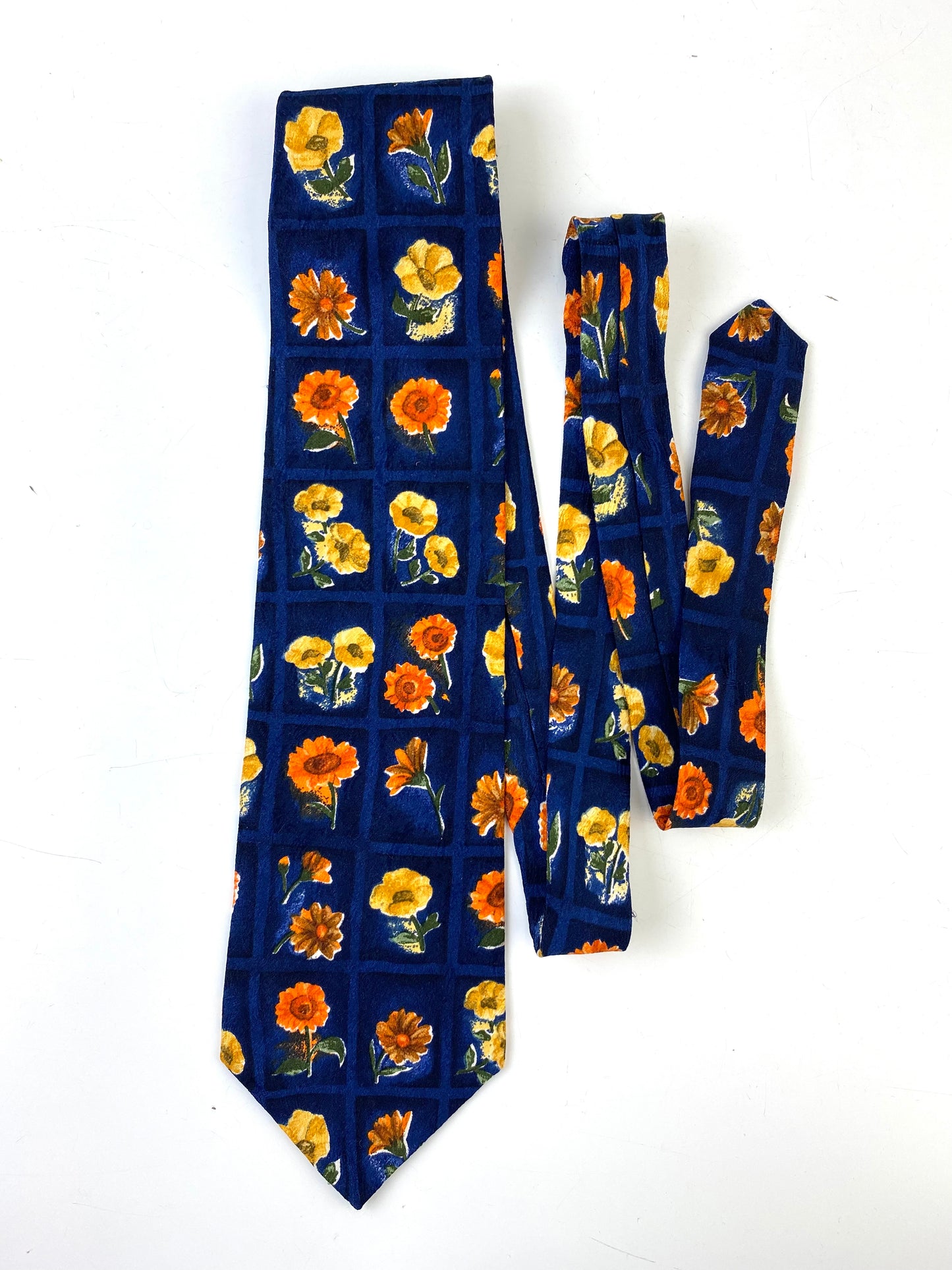 Front of: 90s Deadstock Silk Necktie, Men's Vintage Blue/ Orange/ Yellow Floral Pattern Tie, NOS