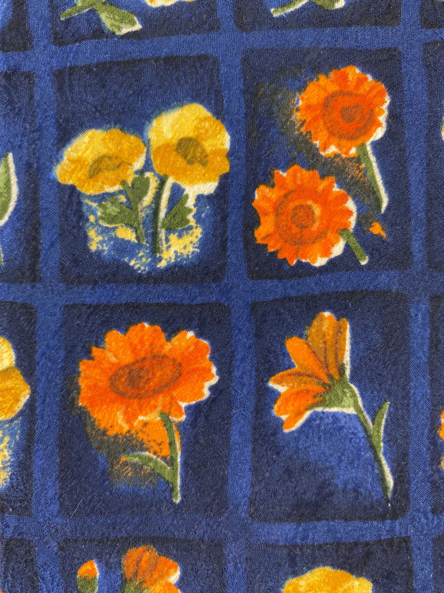 Close-up detail of: 90s Deadstock Silk Necktie, Men's Vintage Blue/ Orange/ Yellow Floral Pattern Tie, NOS