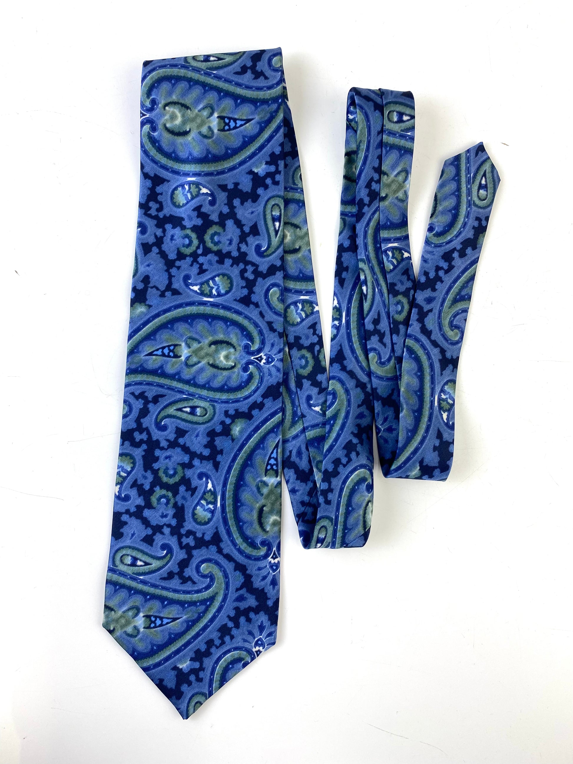 Front of: 90s Deadstock Silk Necktie, Men's Vintage Blue Green Paisley Pattern Tie, NOS