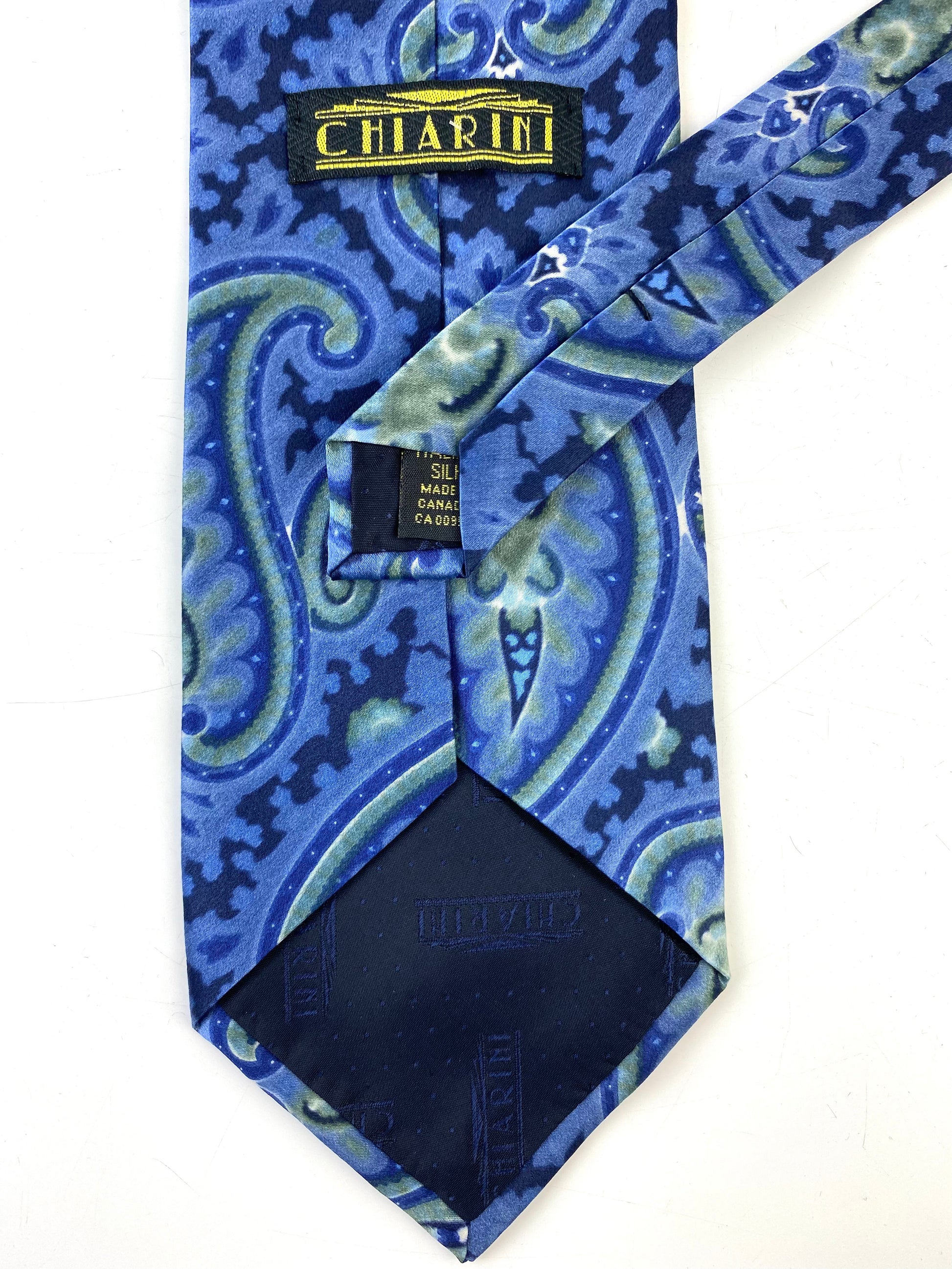 Back detail of: 90s Deadstock Silk Necktie, Men's Vintage Blue Green Paisley Pattern Tie, NOS