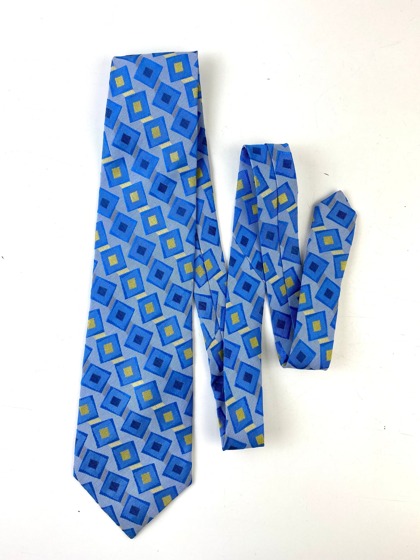 Front of: 90s Deadstock Silk Necktie, Men's Vintage Blue Yellow Geometric Pattern Tie, NOS