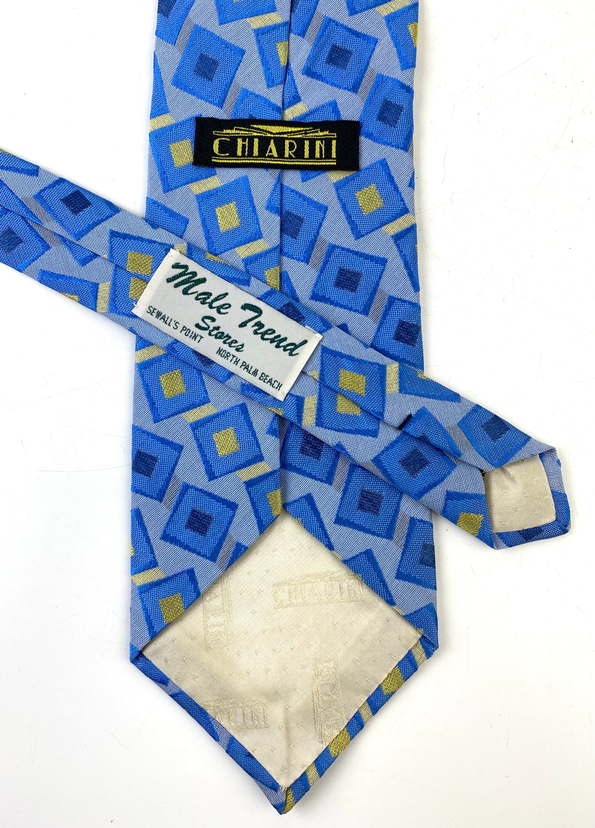 Back detail/ labels of: 90s Deadstock Silk Necktie, Men's Vintage Blue Yellow Geometric Pattern Tie, NOS