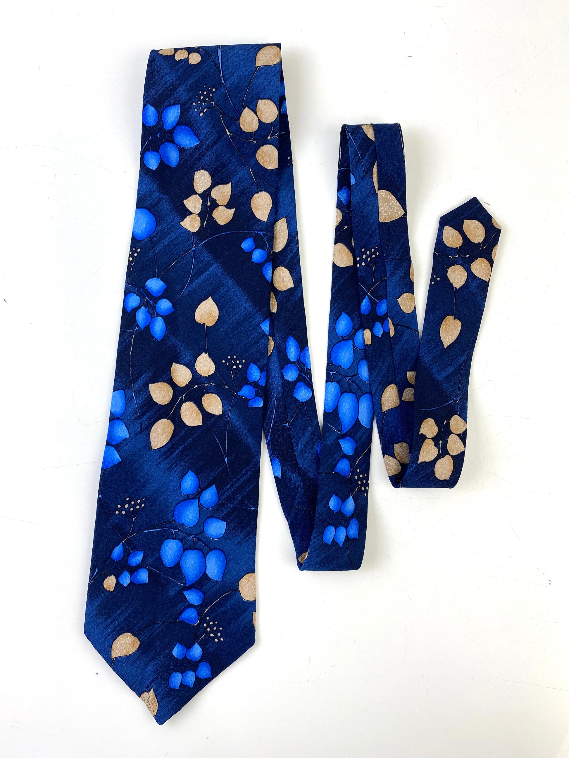 Front of: 90s Deadstock Silk Necktie, Men's Vintage Blue/ Beige Botanical Pattern Tie, NOS