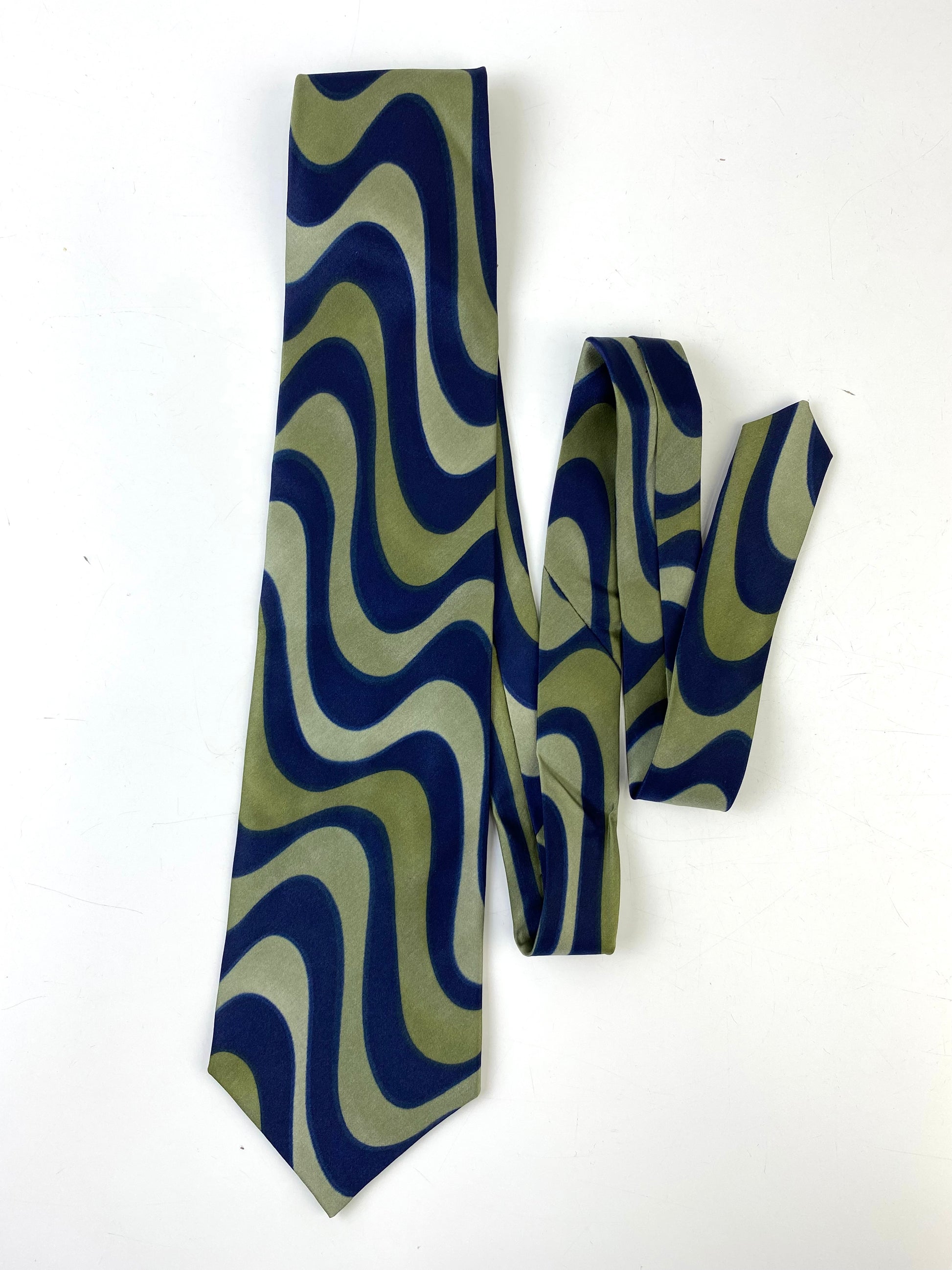 Front of: 90s Deadstock Silk Necktie, Men's Vintage Blue Green Wave Pattern Tie, NOS