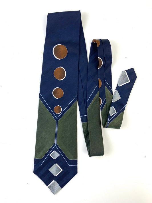 Front of: 90s Deadstock Silk Necktie, Men's Vintage Navy/ Green/ Brown Geometric Pattern Tie, NOS