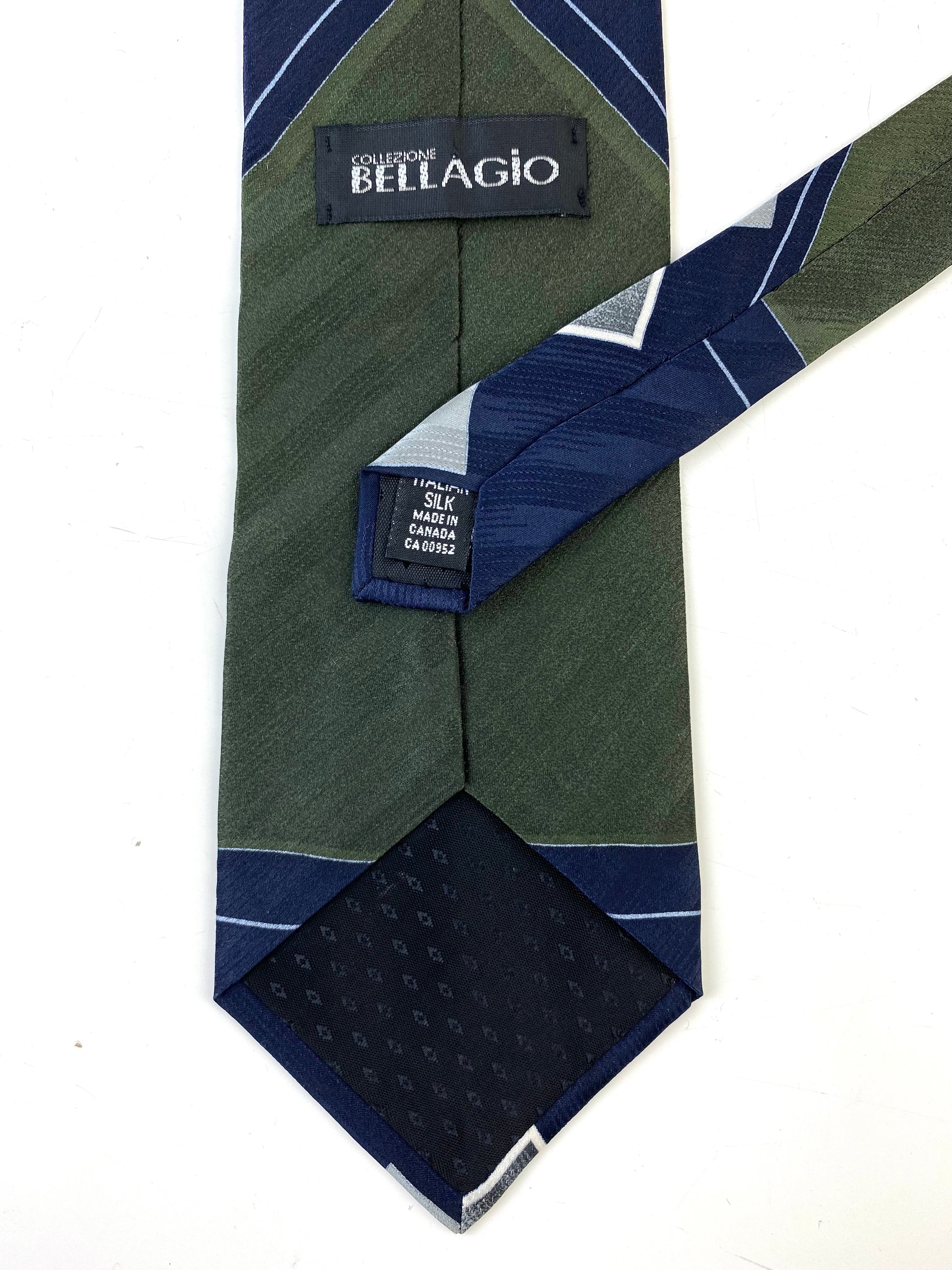 Back detail/ labels of: 90s Deadstock Silk Necktie, Men's Vintage Navy/ Green/ Brown Geometric Pattern Tie, NOS