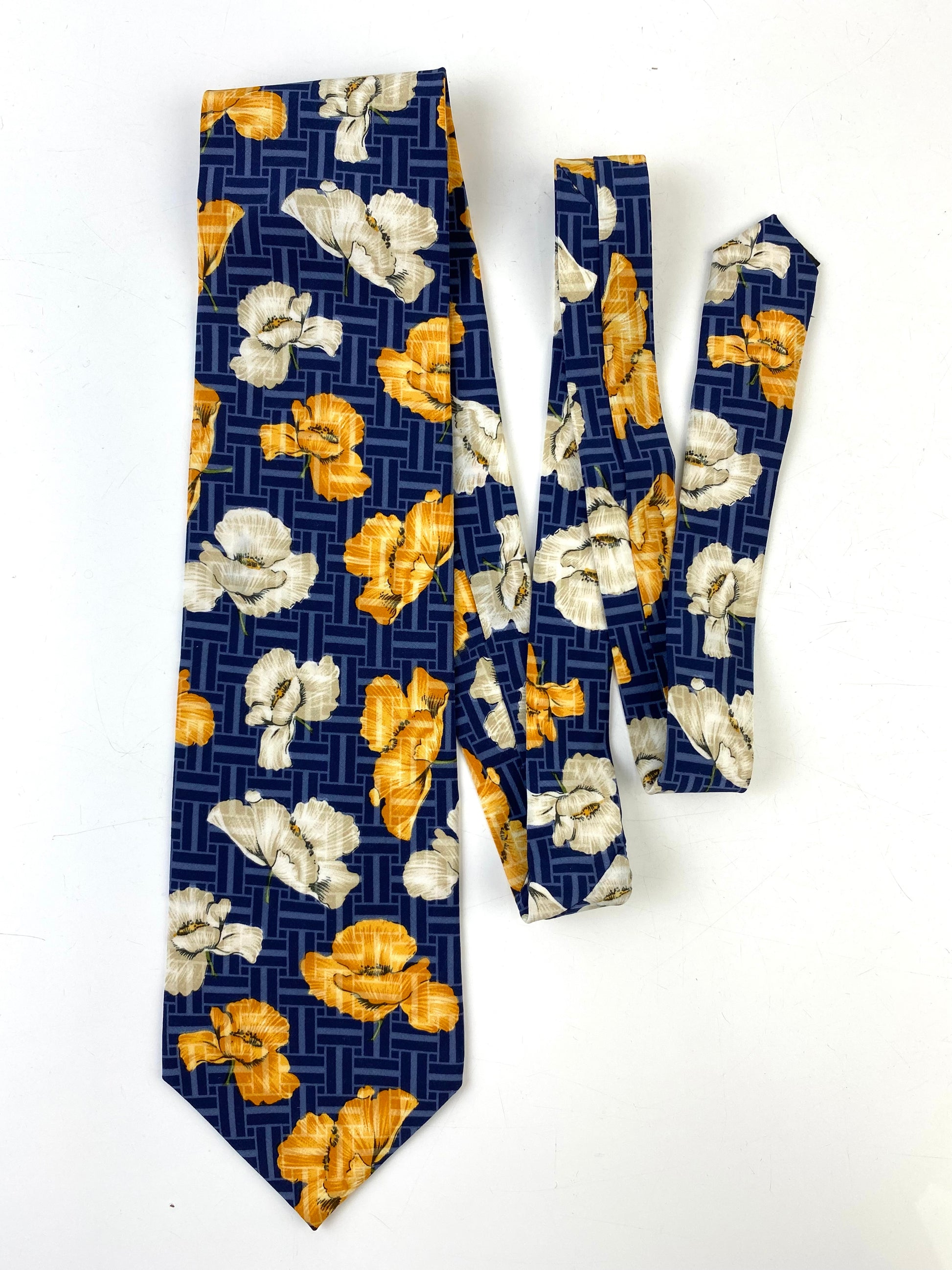 Front of: 90s Deadstock Silk Necktie, Men's Vintage Blue Yellow White Floral Basketweave Pattern Tie, NOS