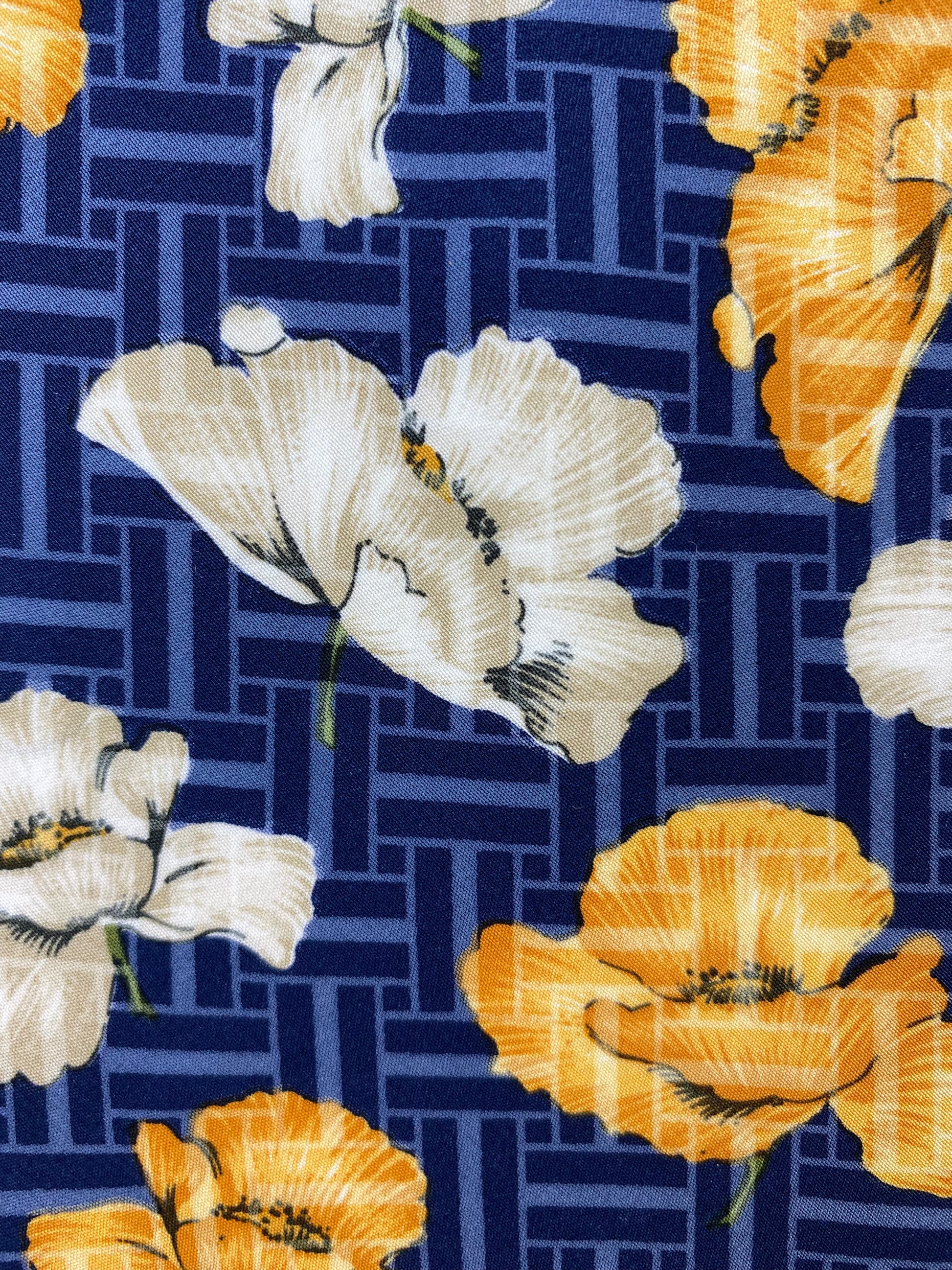 Close-up detail of: 90s Deadstock Silk Necktie, Men's Vintage Blue Yellow White Floral Basketweave Pattern Tie, NOS