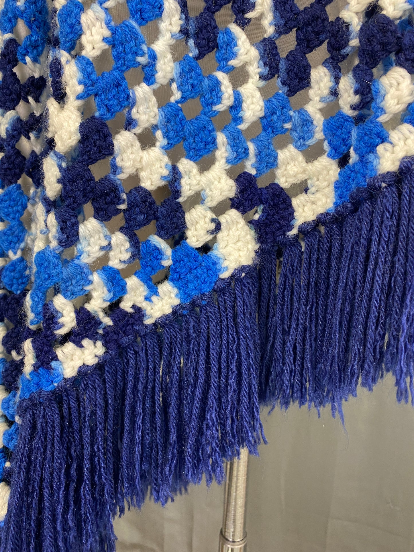 Vintage 1970s Blue & White Crochet Fringed Poncho