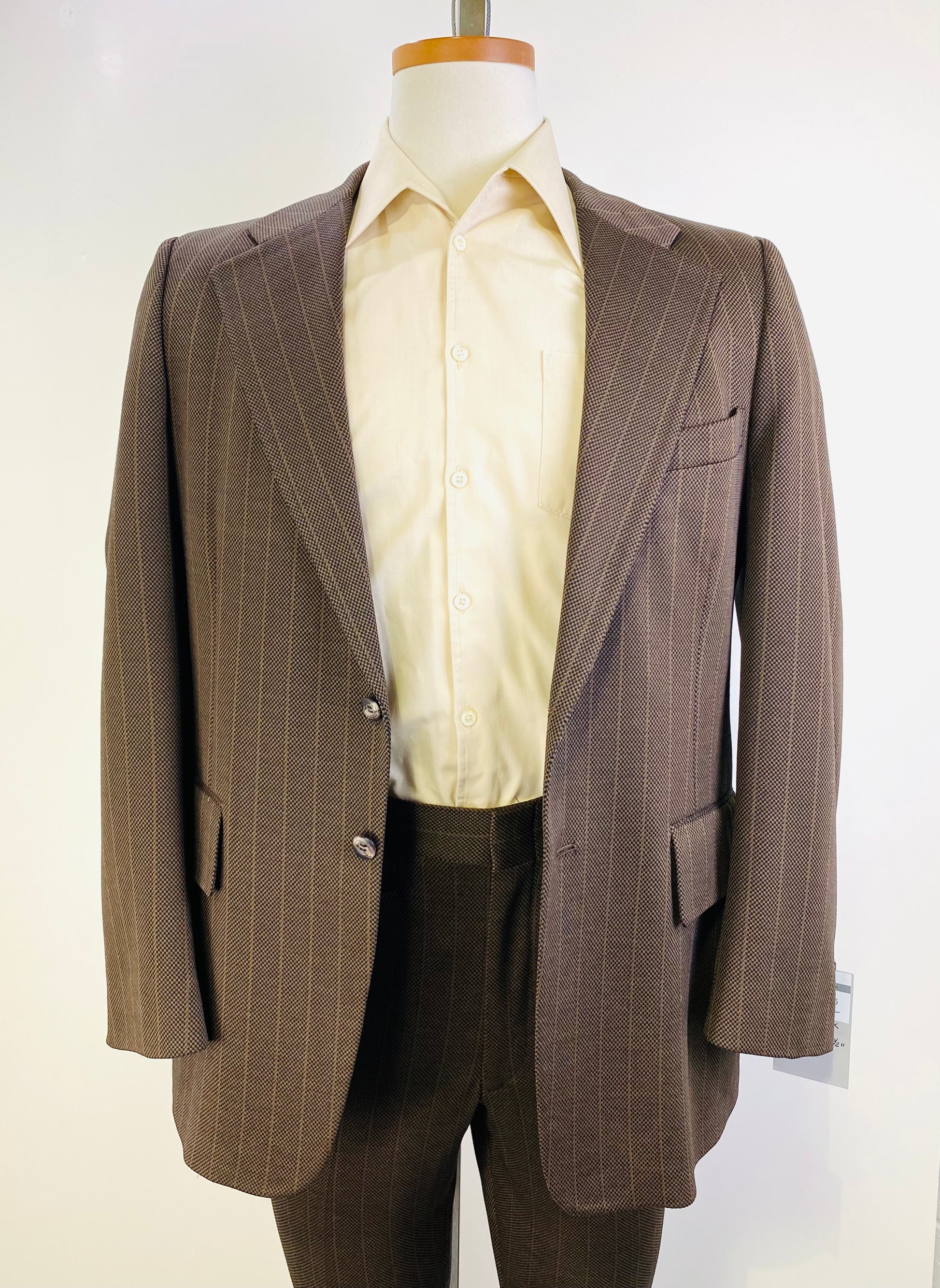 Early 1970s Vintage Deadstock Men's Suit, Brown Shepherd's Check & Stripe 2-Piece Poly Suit, Prestige Clothes, NOS
