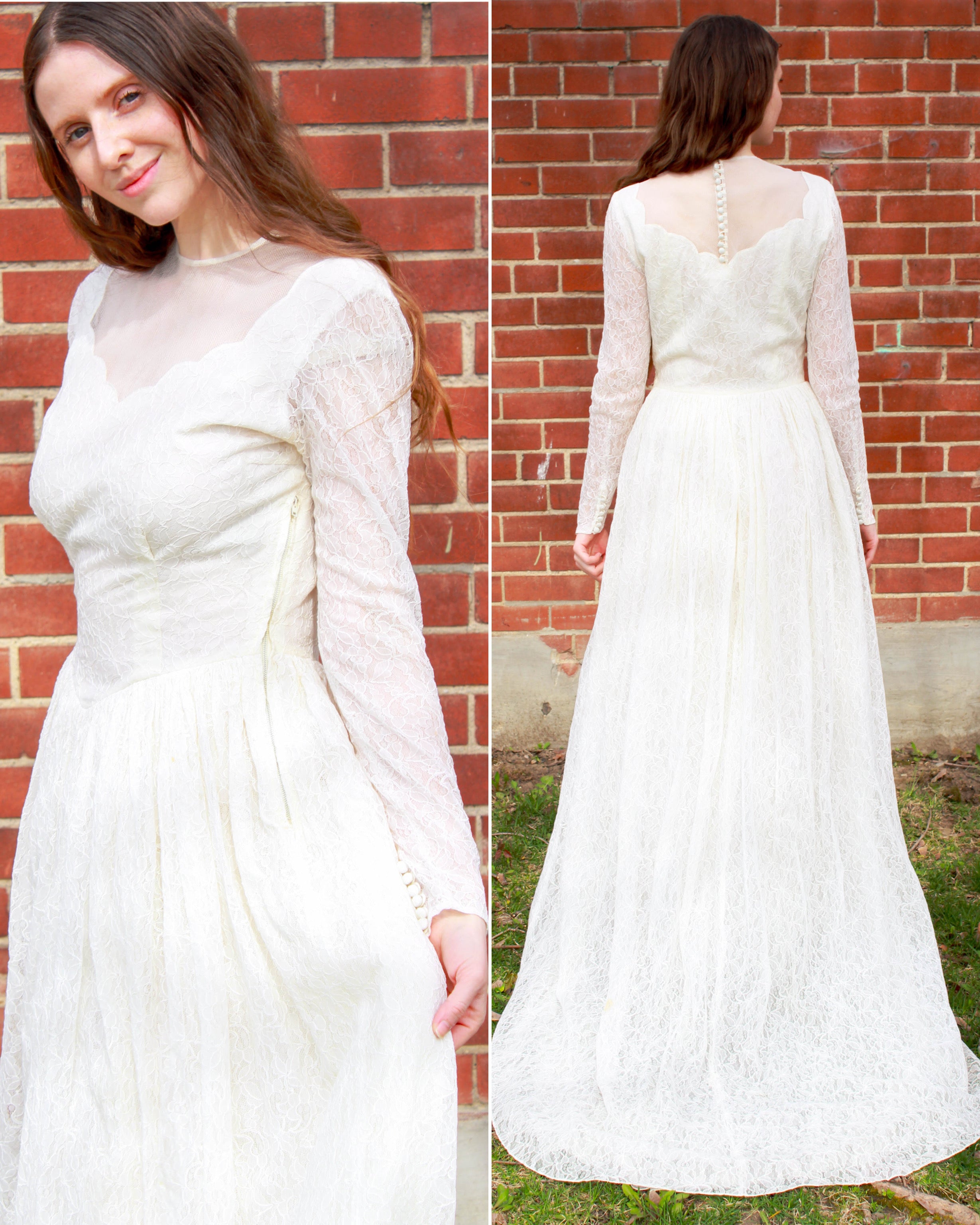 Vintage 1950s White Lace Long-Sleeve Wedding Dress, Small – Ian