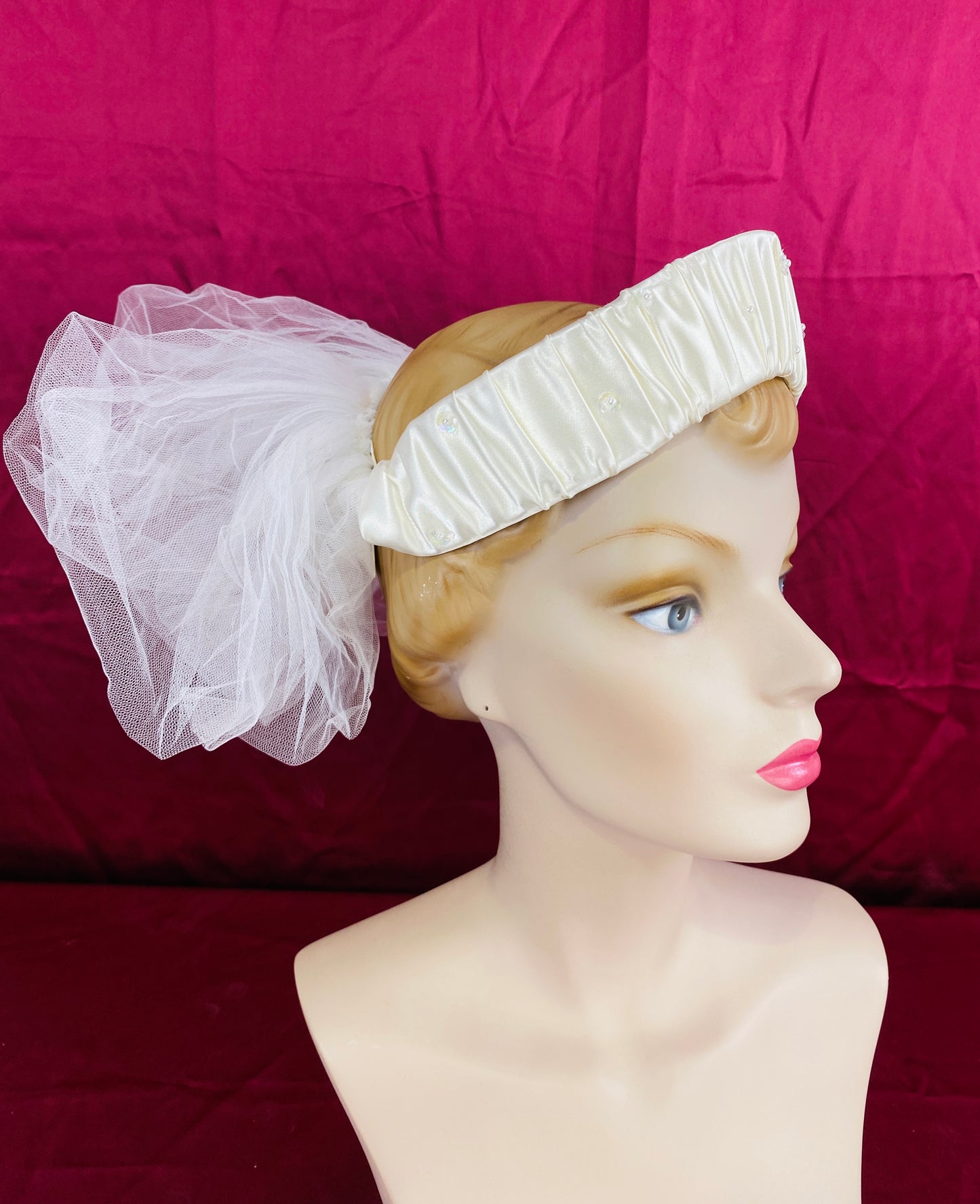 Vintage 80s/ 90s Ivory Satin Halo Headpiece/ Diadem with Tulle Ruffle