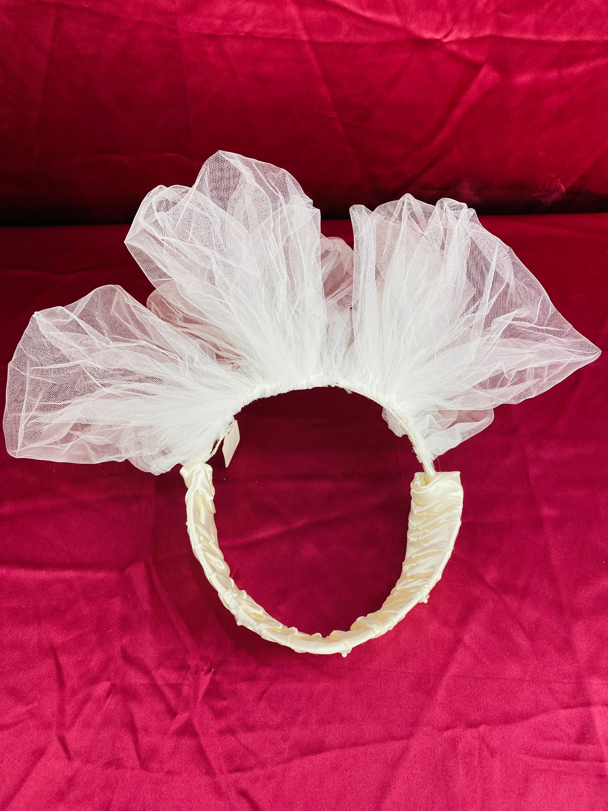 Vintage 80s/ 90s Ivory Satin Halo Headpiece/ Diadem with Tulle Ruffle