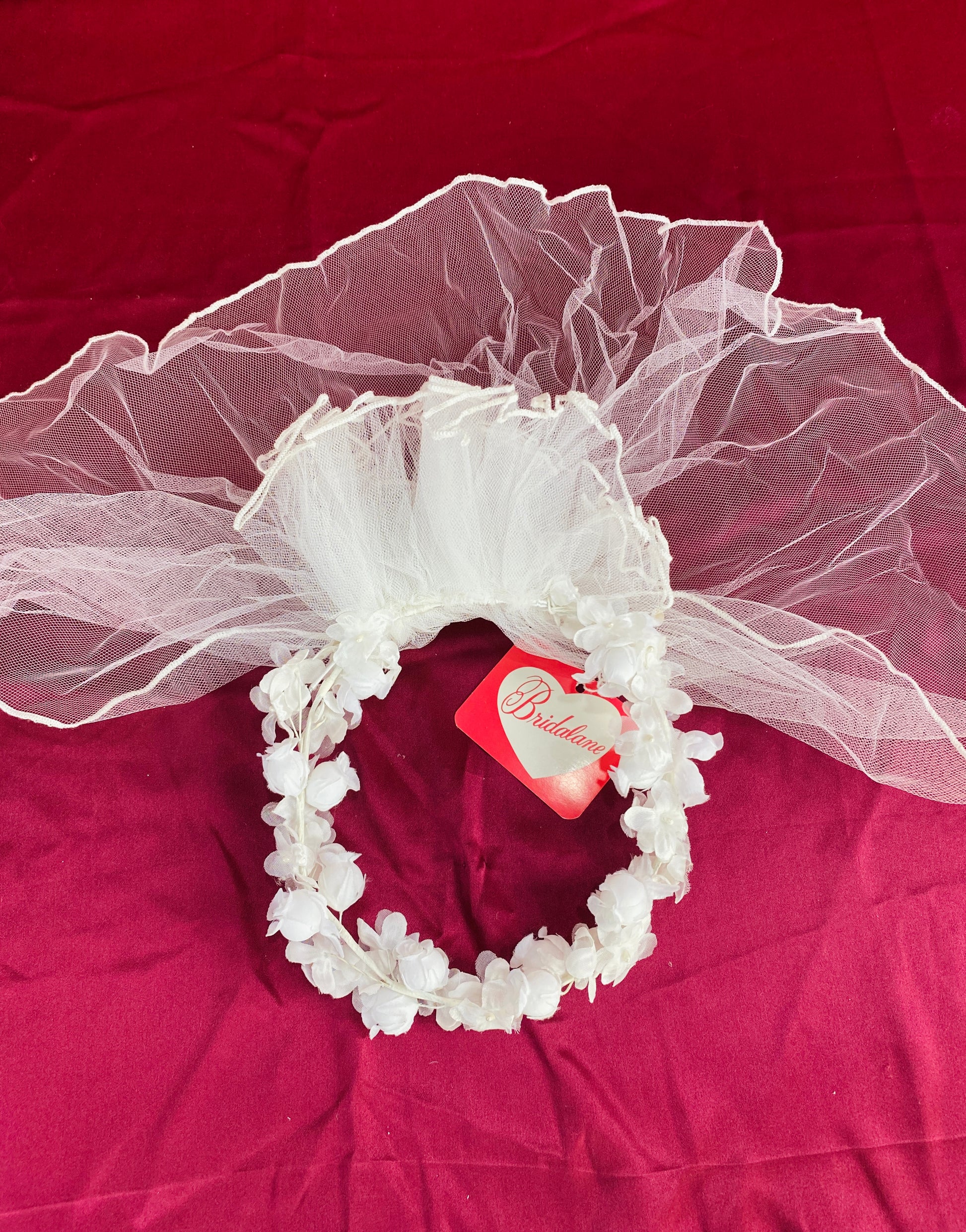 Vintage 80s Deadstock Bridalane White Bridal Flower Crown with Short Tulle Veil