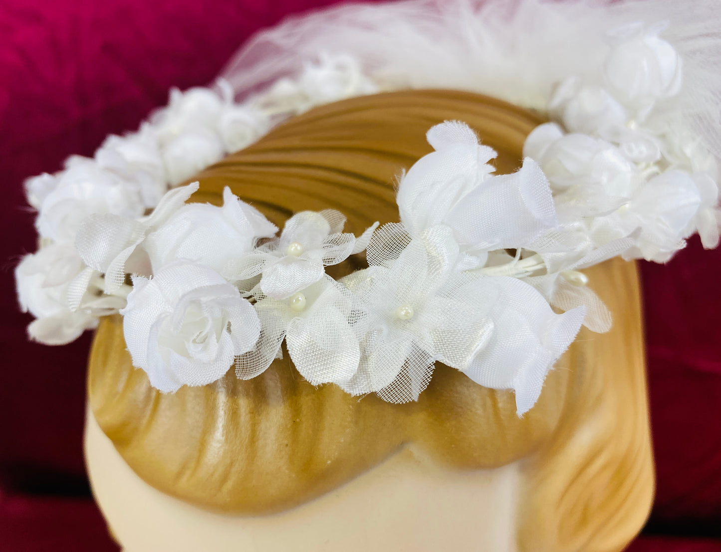 Vintage 80s Deadstock Bridalane White Bridal Flower Crown with Short Tulle Veil