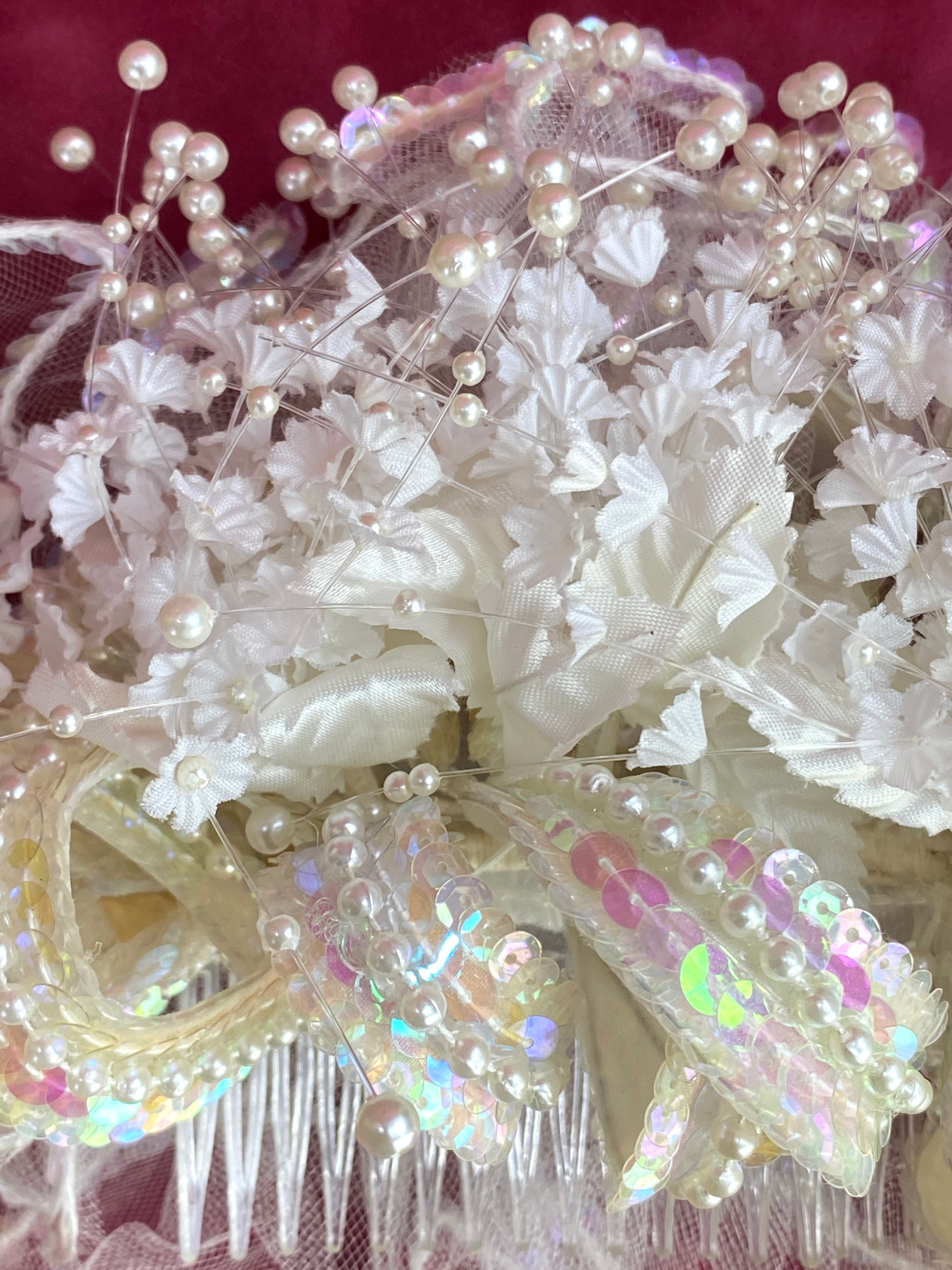 Vintage 80s/ 90s Sequin, Flower & Tulle Bridal Hair Comb