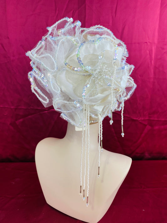 Vintage 80s/ 90s Bridal Floral Sequin Hair Comb with Pearl Tassels
