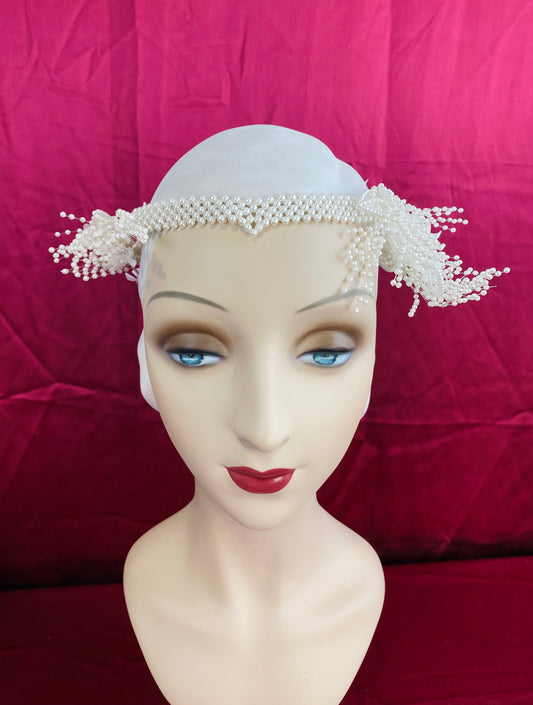 Vintage 80s/90s Pearl Bead & Lace Floral Bridal Headpiece