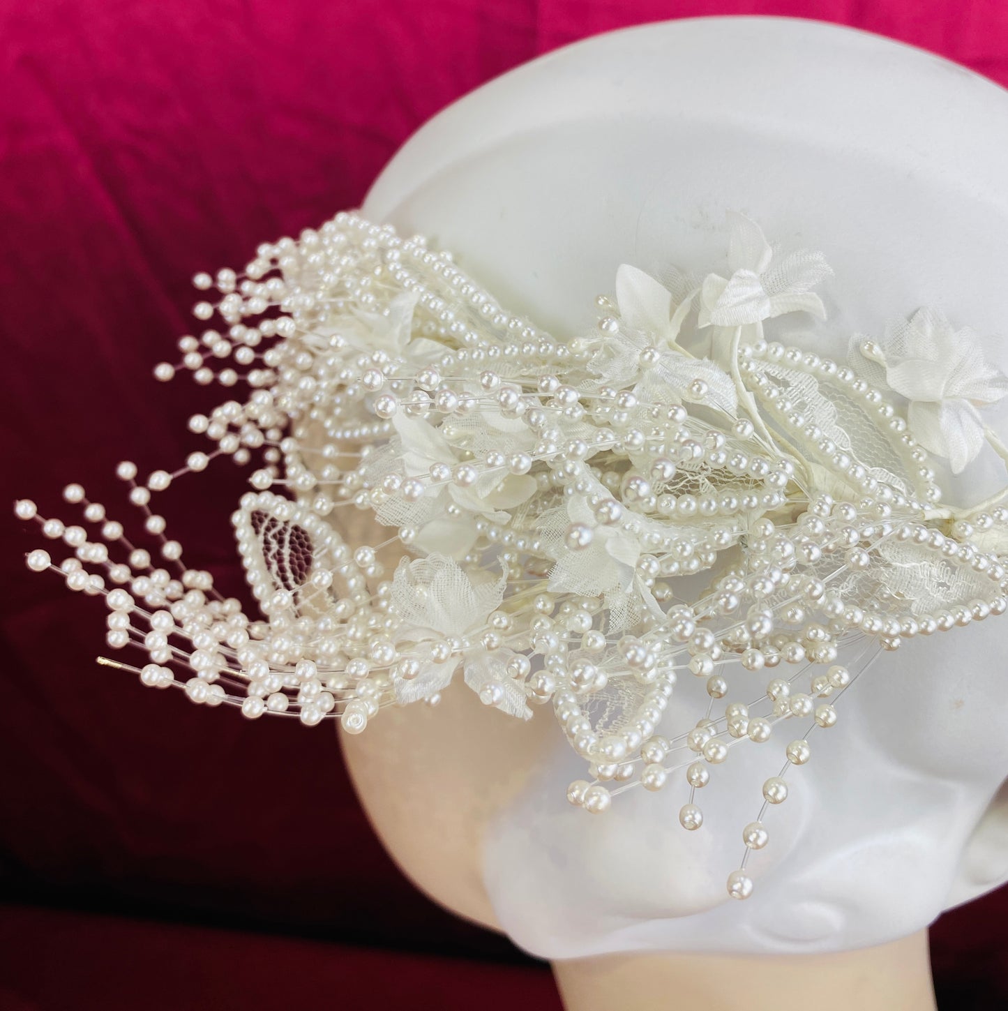 Vintage 80s/90s Pearl Bead & Lace Floral Bridal Headpiece