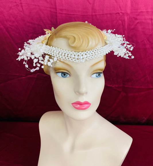 Vintage 80s/90s Pearl Bridal Circlet Crown with Foliage
