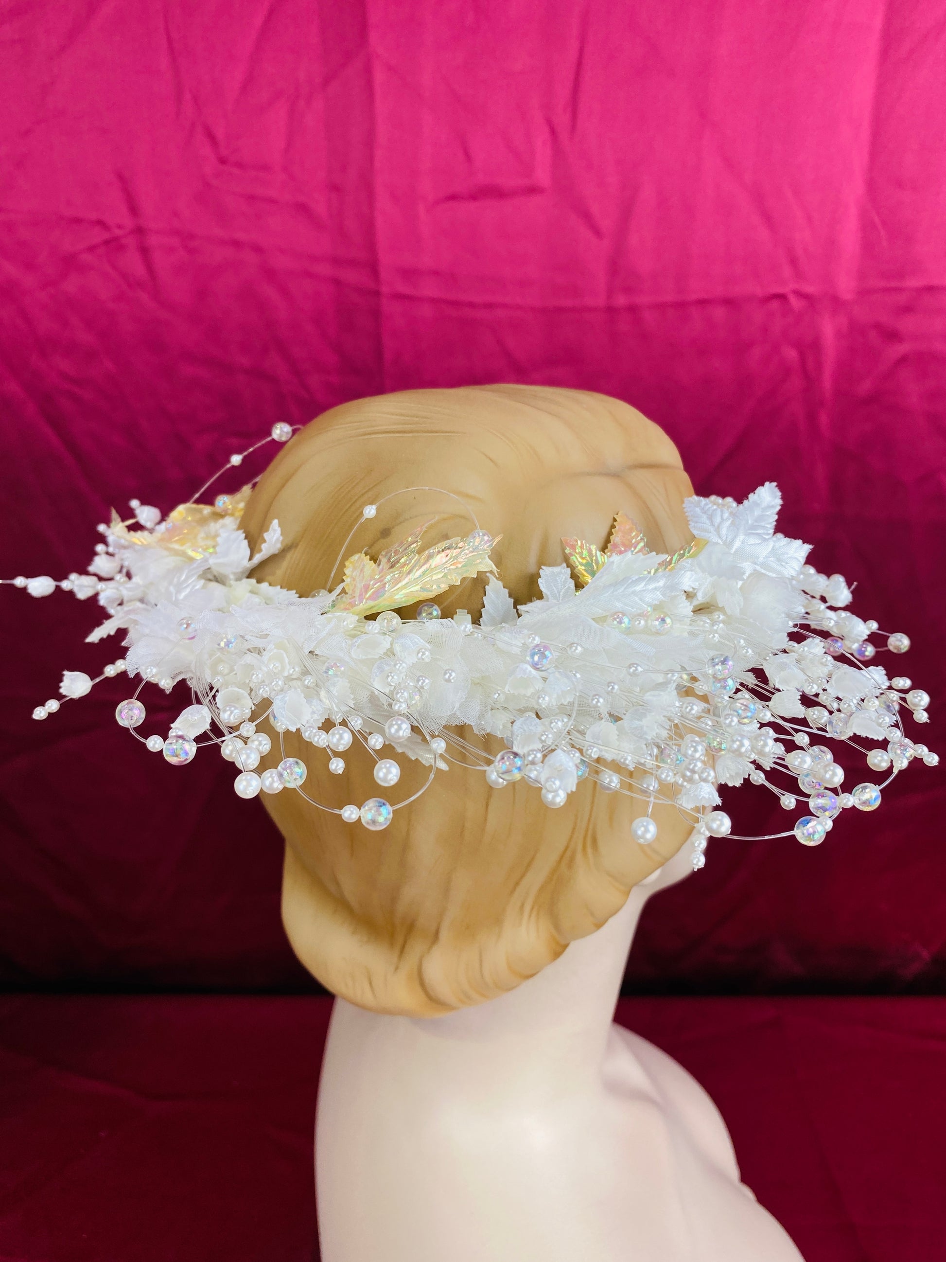 Vintage 80s/90s Pearl Bridal Circlet Crown with Foliage
