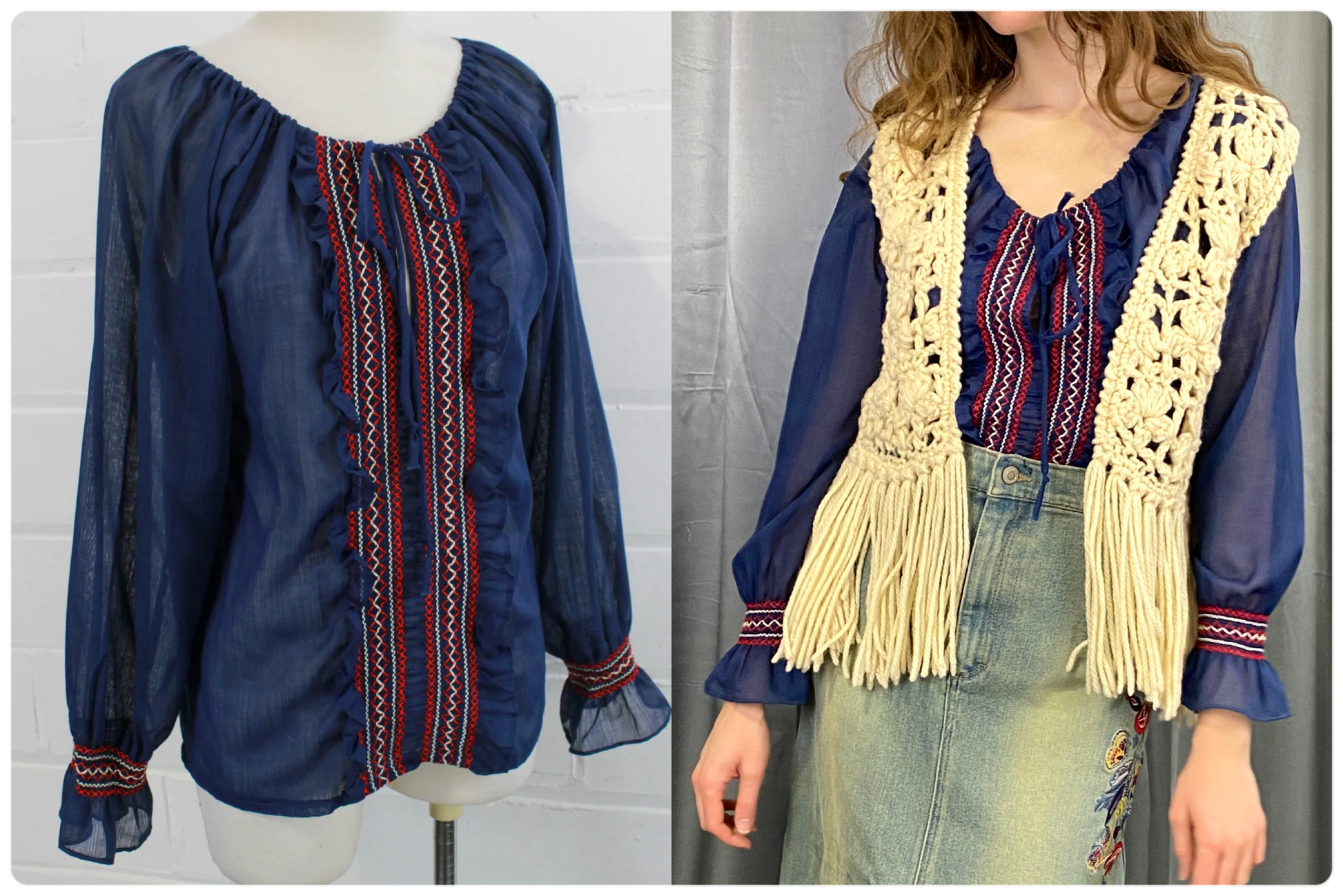 Vintage 1970s Blue Cotton Voile Embroidered Peasant/ Prairie Blouse, Medium