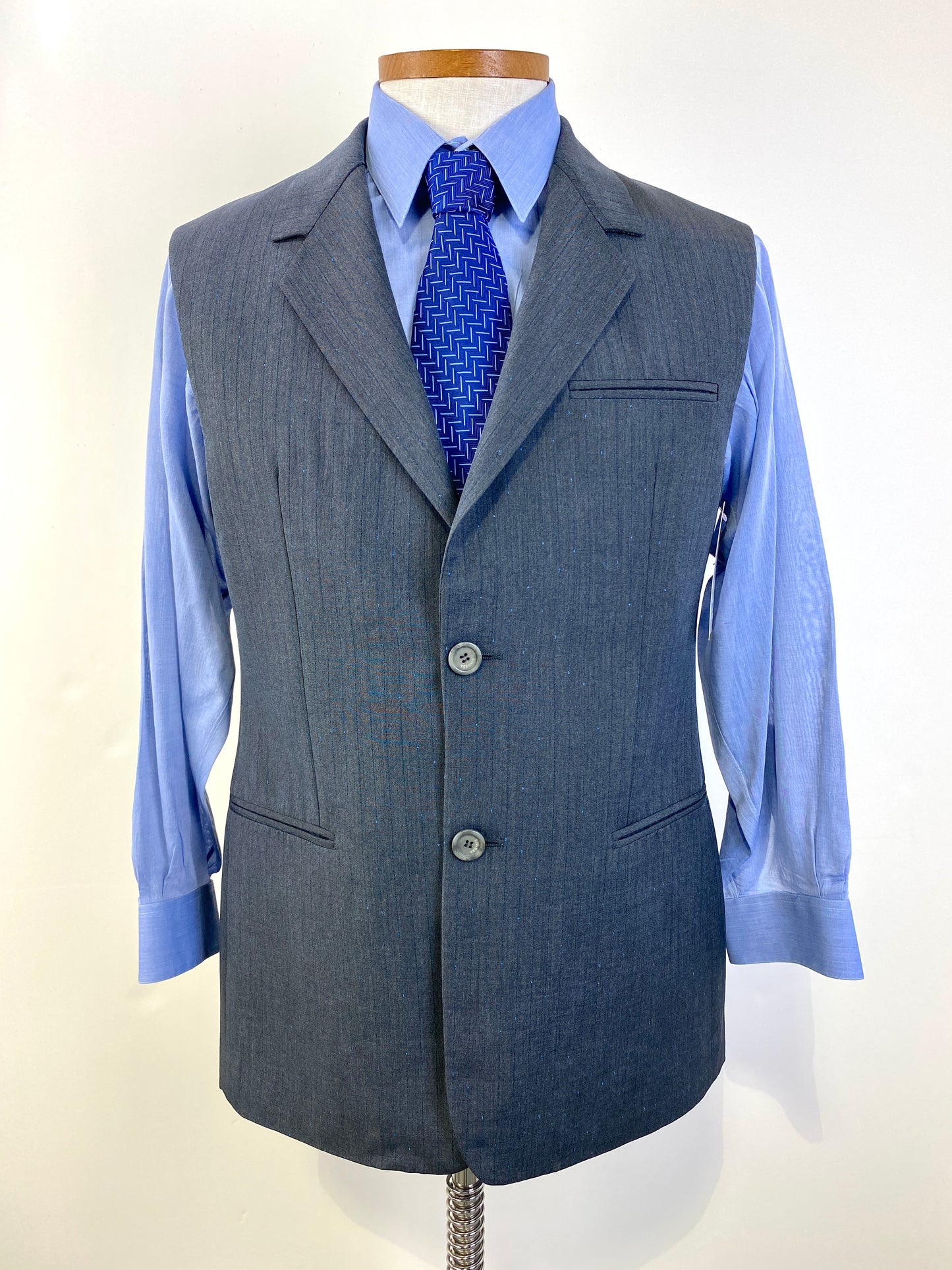 1990s Vintage Men's Suit, Grey Blue Pinstripe 2-Piece Suit, Sleeveless Vest Jacket, Gianni Versace, C38