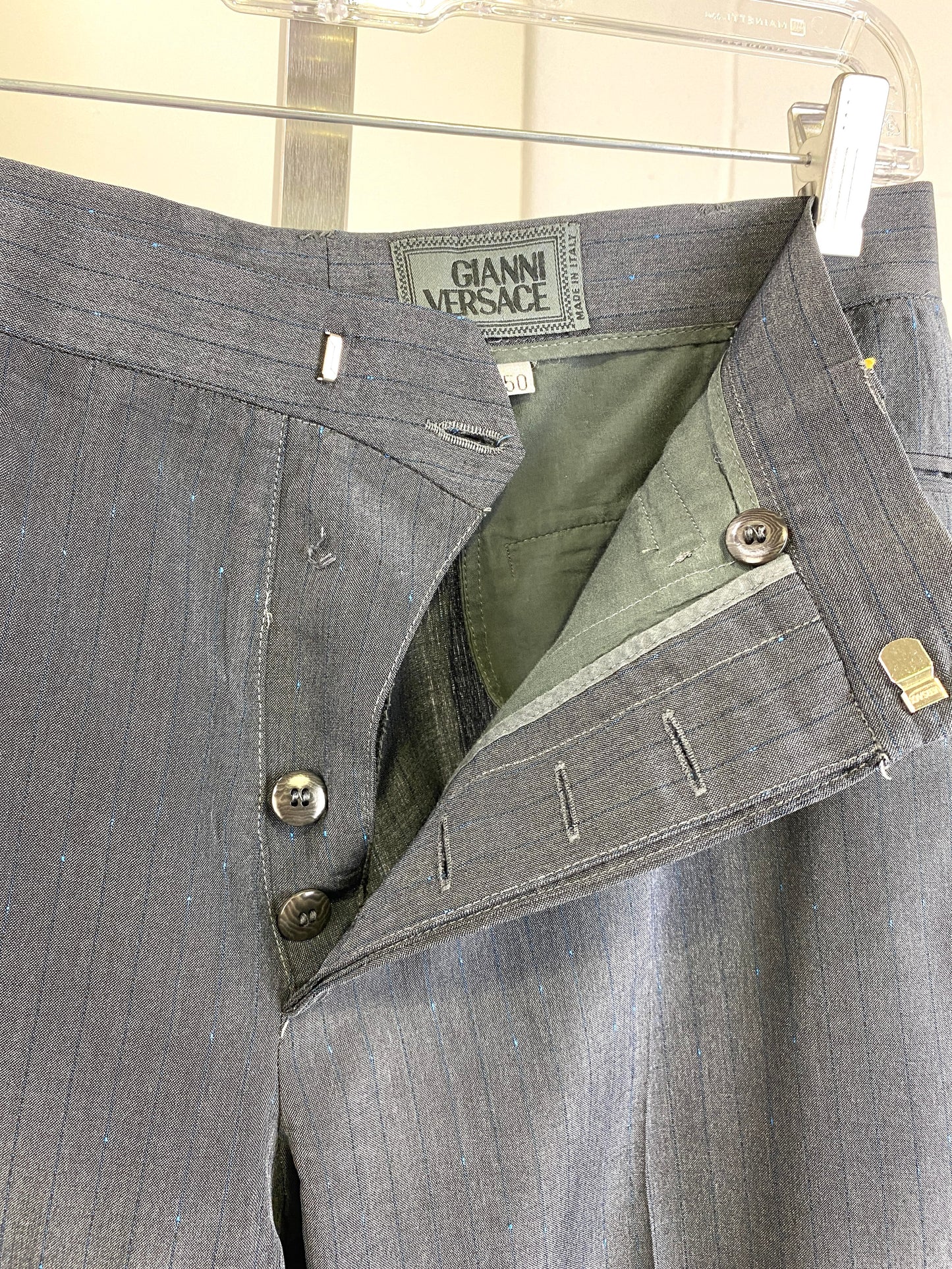 1990s Vintage Men's Suit, Grey Blue Pinstripe 2-Piece Suit, Sleeveless Vest Jacket, Gianni Versace, C38