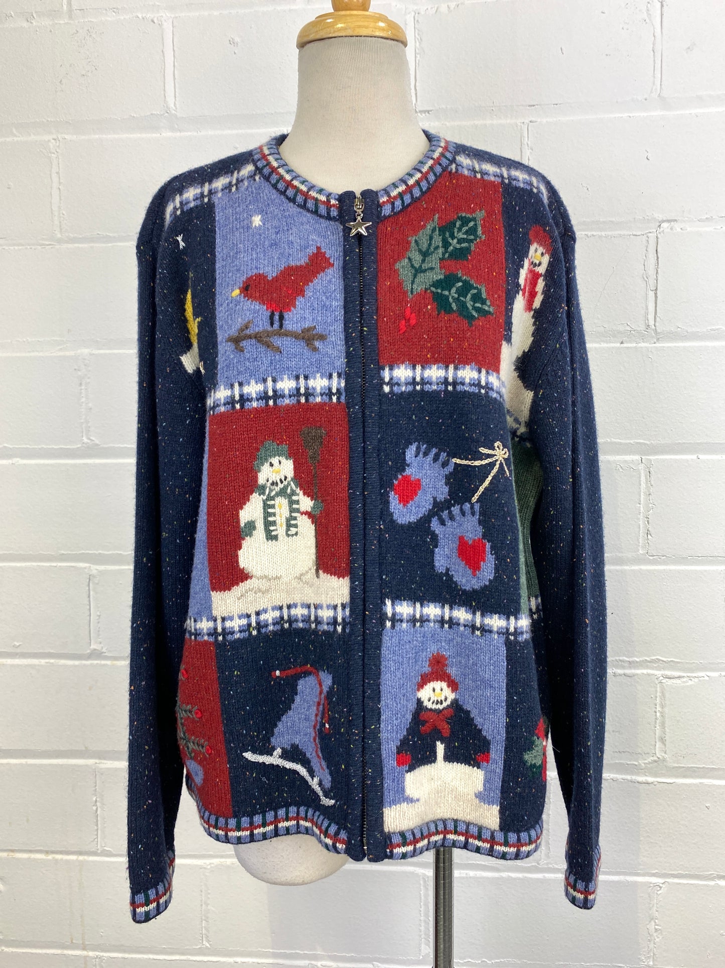 Vintage 1990s Cosy Blue Christmas Winter Wool Sweater w/ Star Zipper, XL