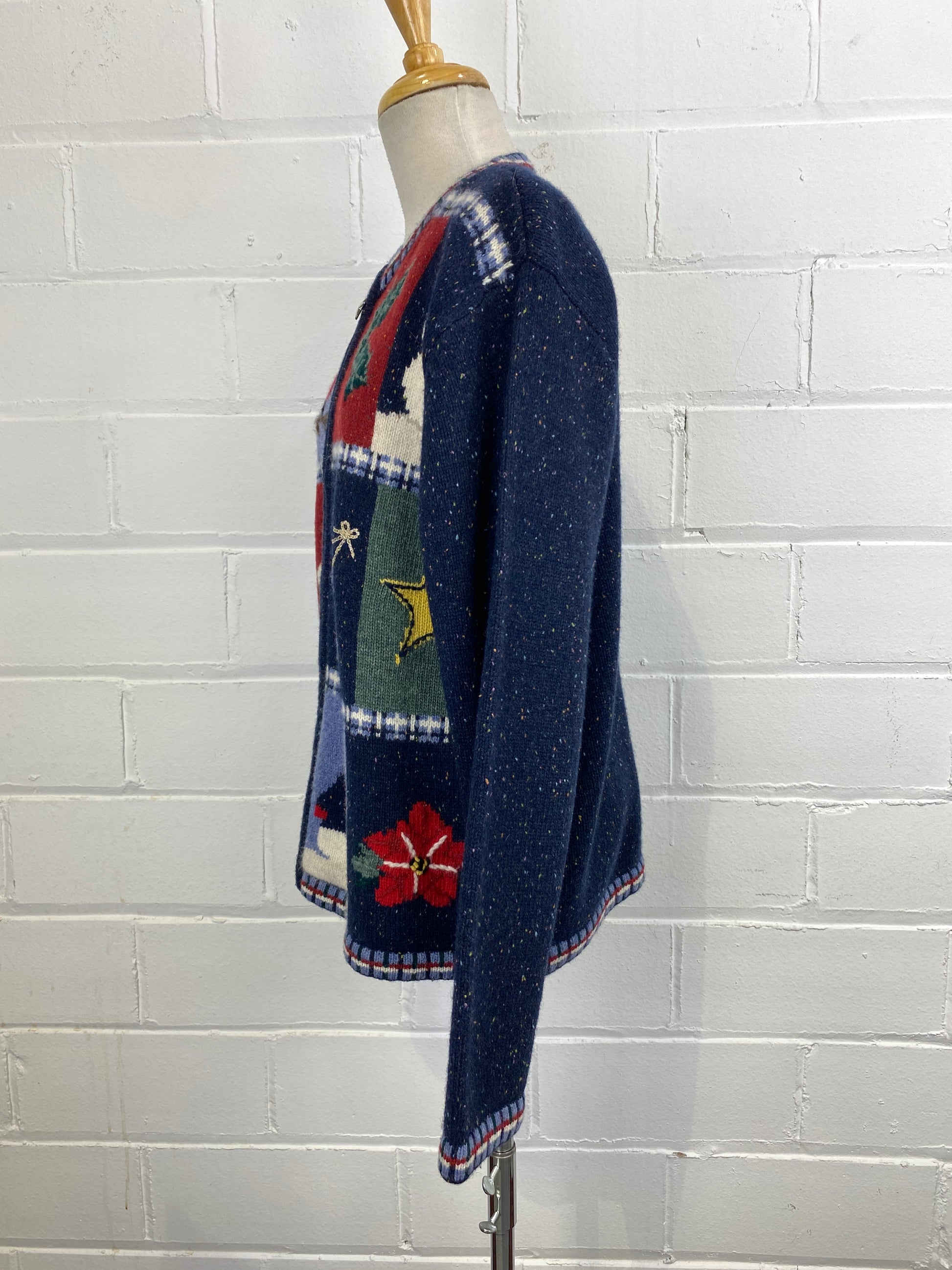Vintage 1990s Cosy Blue Christmas Winter Wool Sweater w/ Star Zipper, XL