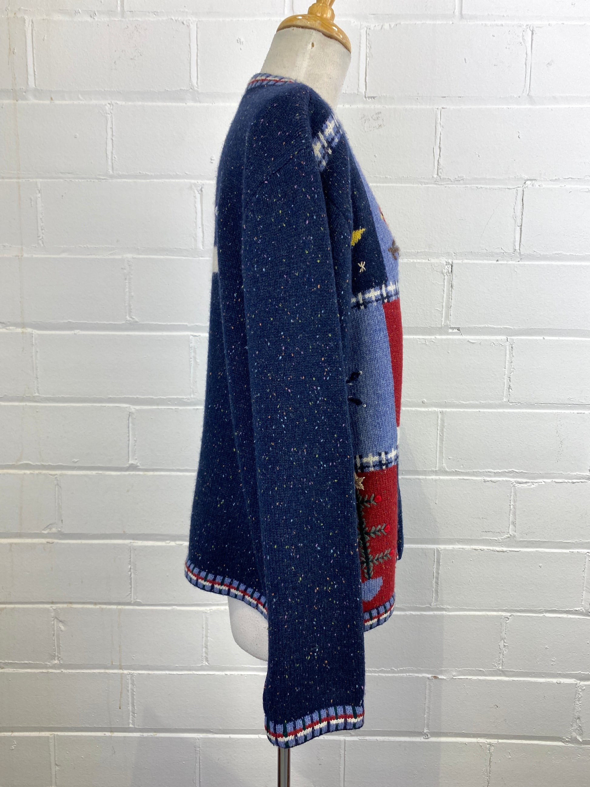 Vintage 1990s Cosy Blue Christmas Winter Wool Sweater w/ Star Zipper, XL