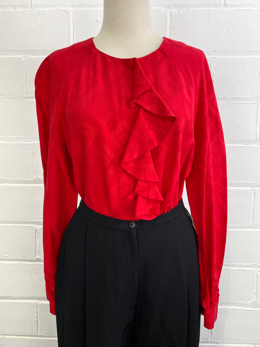 Vintage 1990s Red Silk Ruffle Blouse, x4 sizes