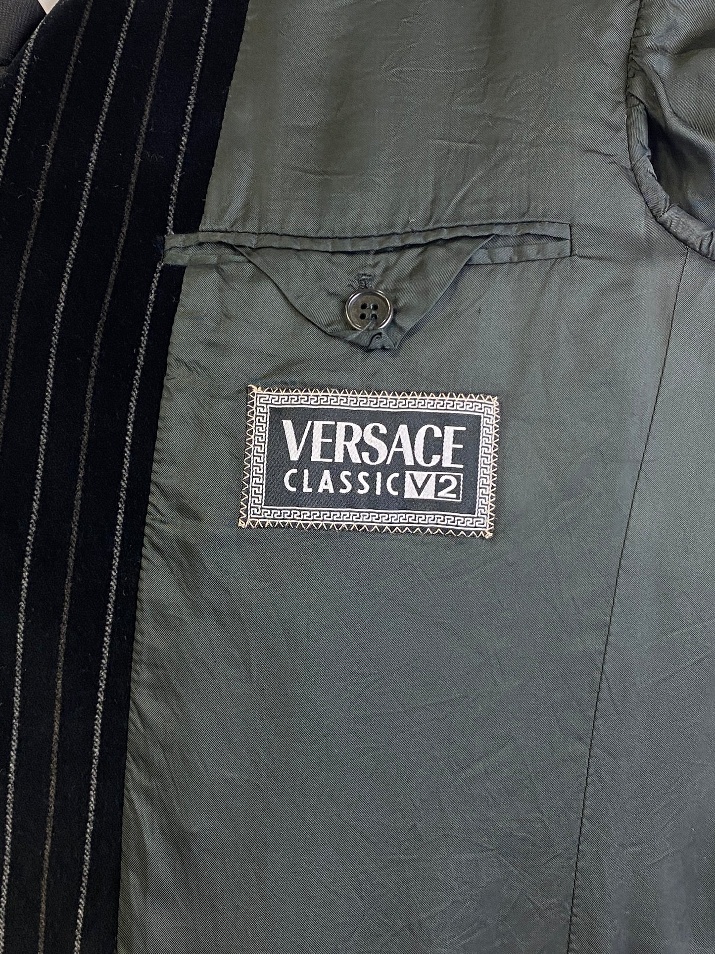 Mid 1990s Vintage Versace 2-Piece Suit, Black/ Brown Velvet Pinstripe Suit, Versace Classic V2, C38