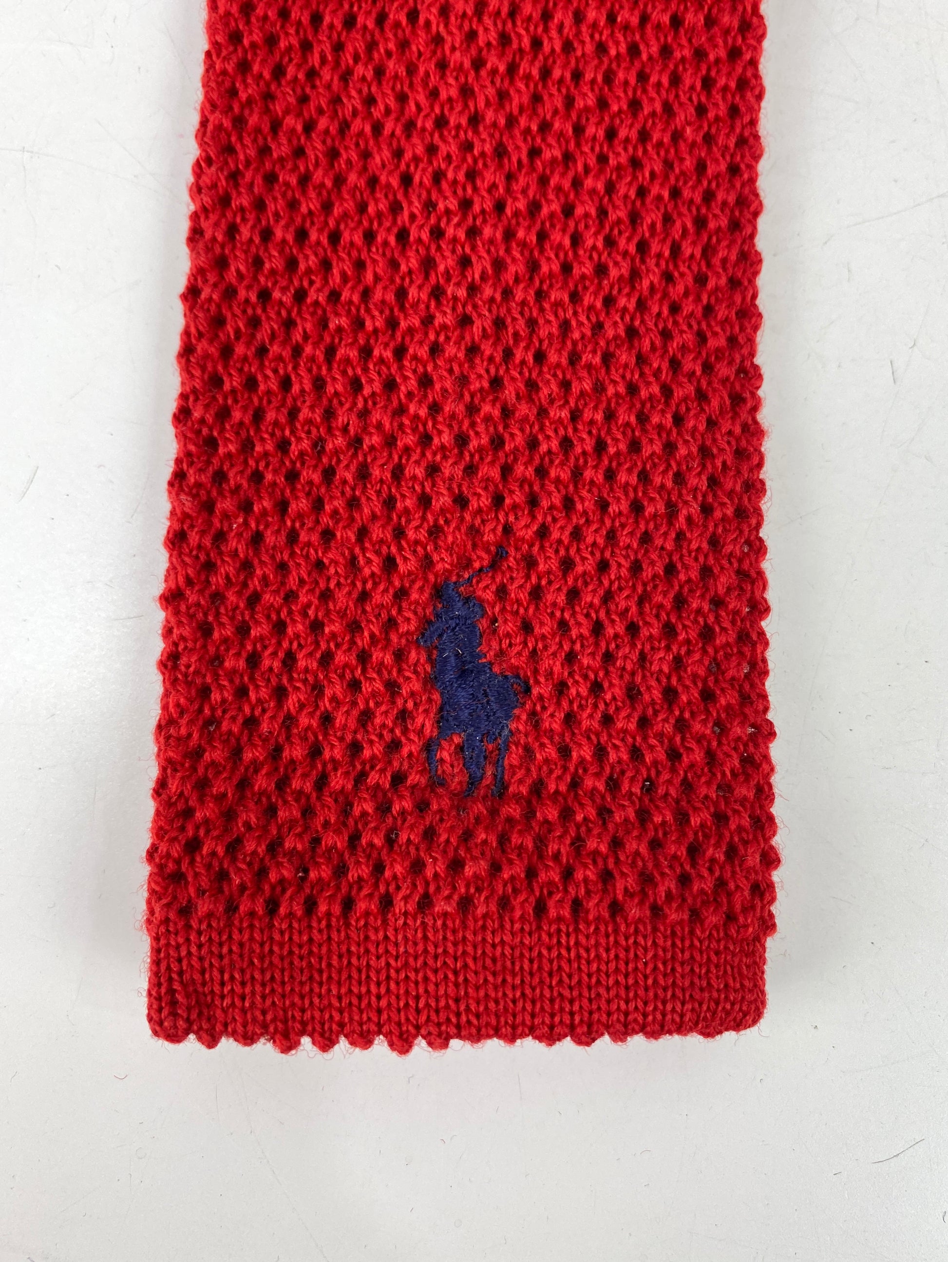 Vintage 1980s Polo Ralph Lauren Red Wool Knit Square Necktie