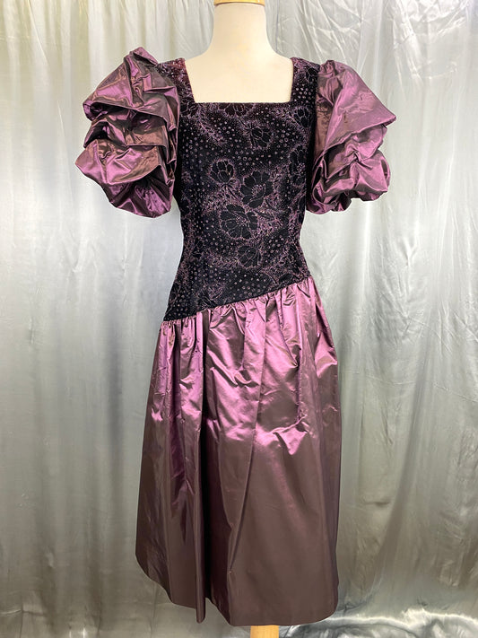 1980s Purple Velvet & Taffeta Prom/Party Dress, Floral Sparkle Bodice, Bust 34