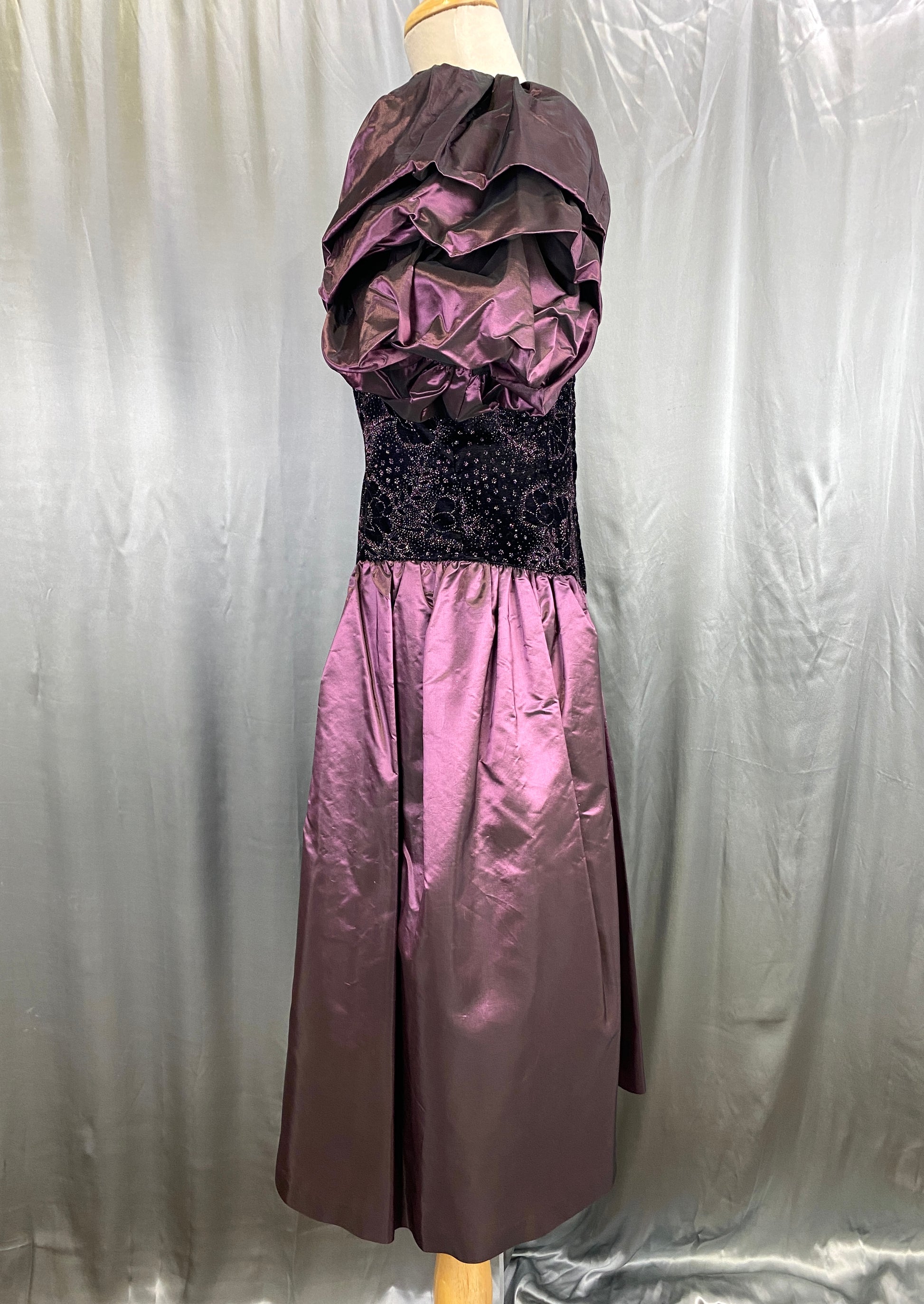 1980s Purple Velvet & Taffeta Prom/Party Dress, Floral Sparkle Bodice, S-M