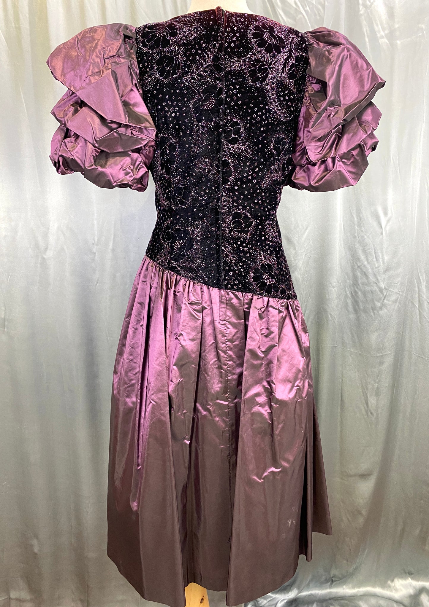 1980s Purple Velvet & Taffeta Prom/Party Dress, Floral Sparkle Bodice, S-M